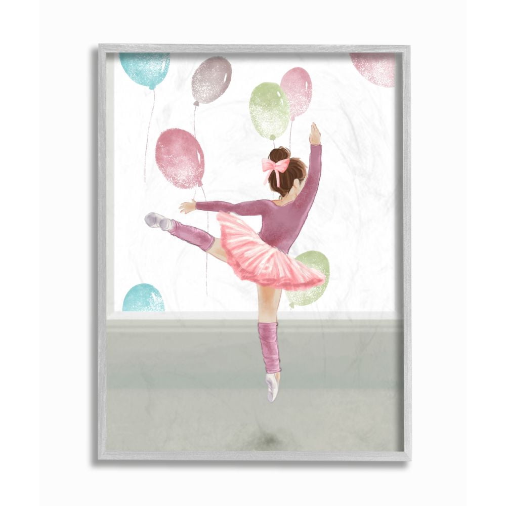 Stupell Industries Jumping Ballerina Little Dancer Girl Balloons Pink Framed Wall Art Design by Ziwei Li, 16" x 20", Gray Framed