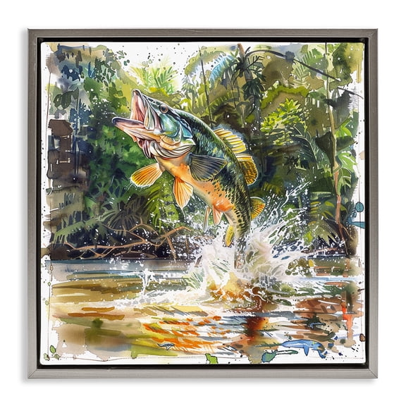 Stupell Industries Jumping Bass Fish Animals Painting Gray Floater Framed Canvas Art Print Wall Art, 25 x 25