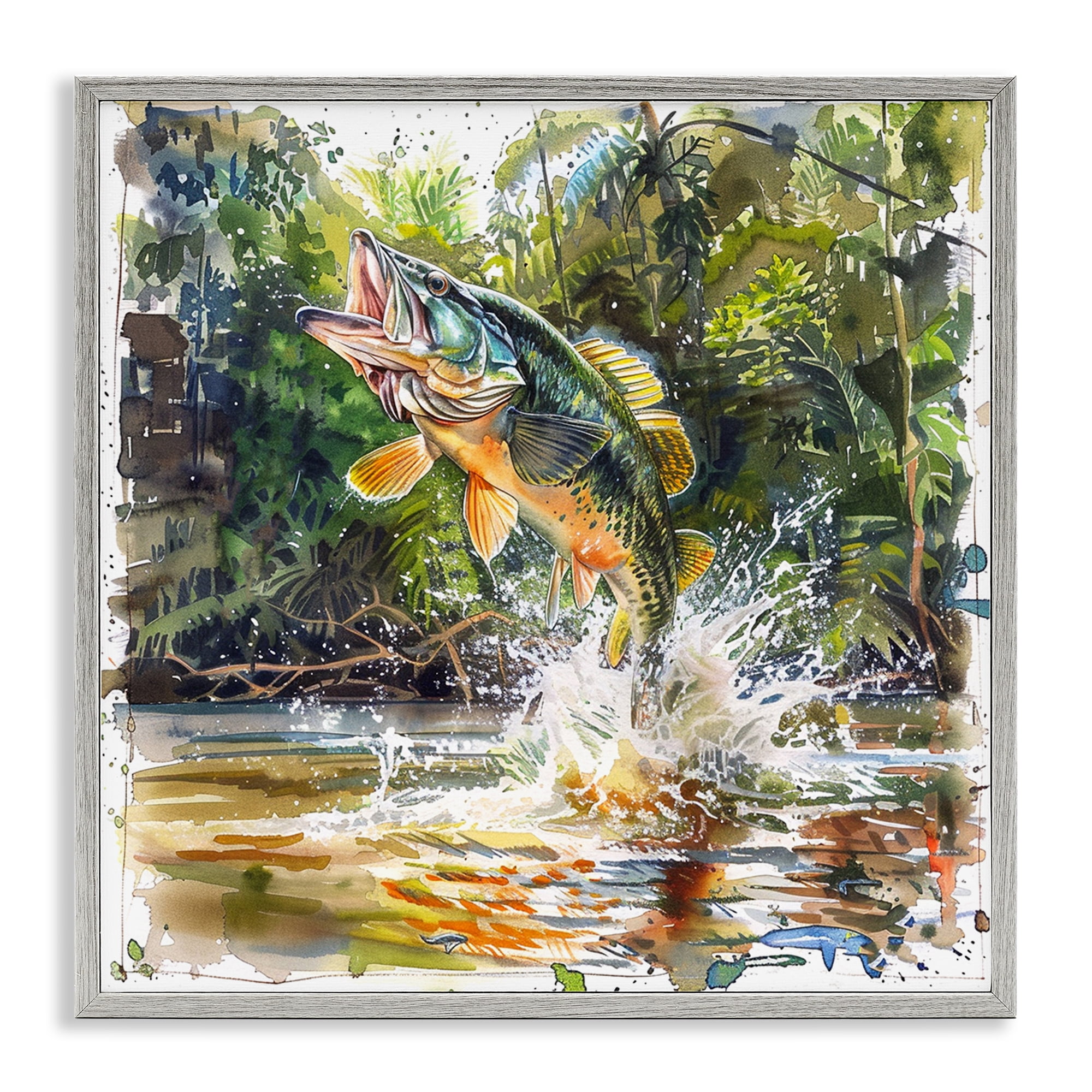 Stupell Industries Jumping Bass Fish Animals Painting Gray Framed Art Print Wall Art, 17 x 17