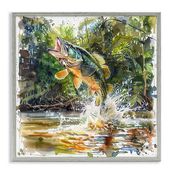 Stupell Industries Jumping Bass Fish Animals Painting Gray Framed Art Print Wall Art, 24 x 24