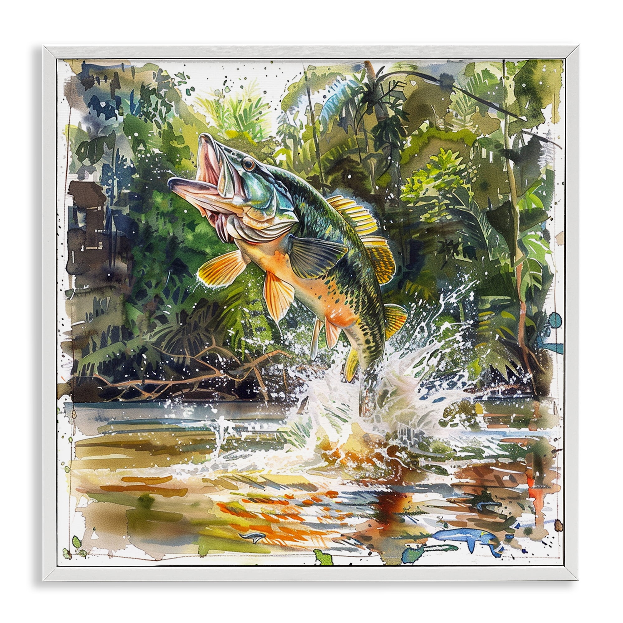 Stupell Industries Jumping Bass Fish Animals Painting White Framed Art Print Wall Art, 17 x 17