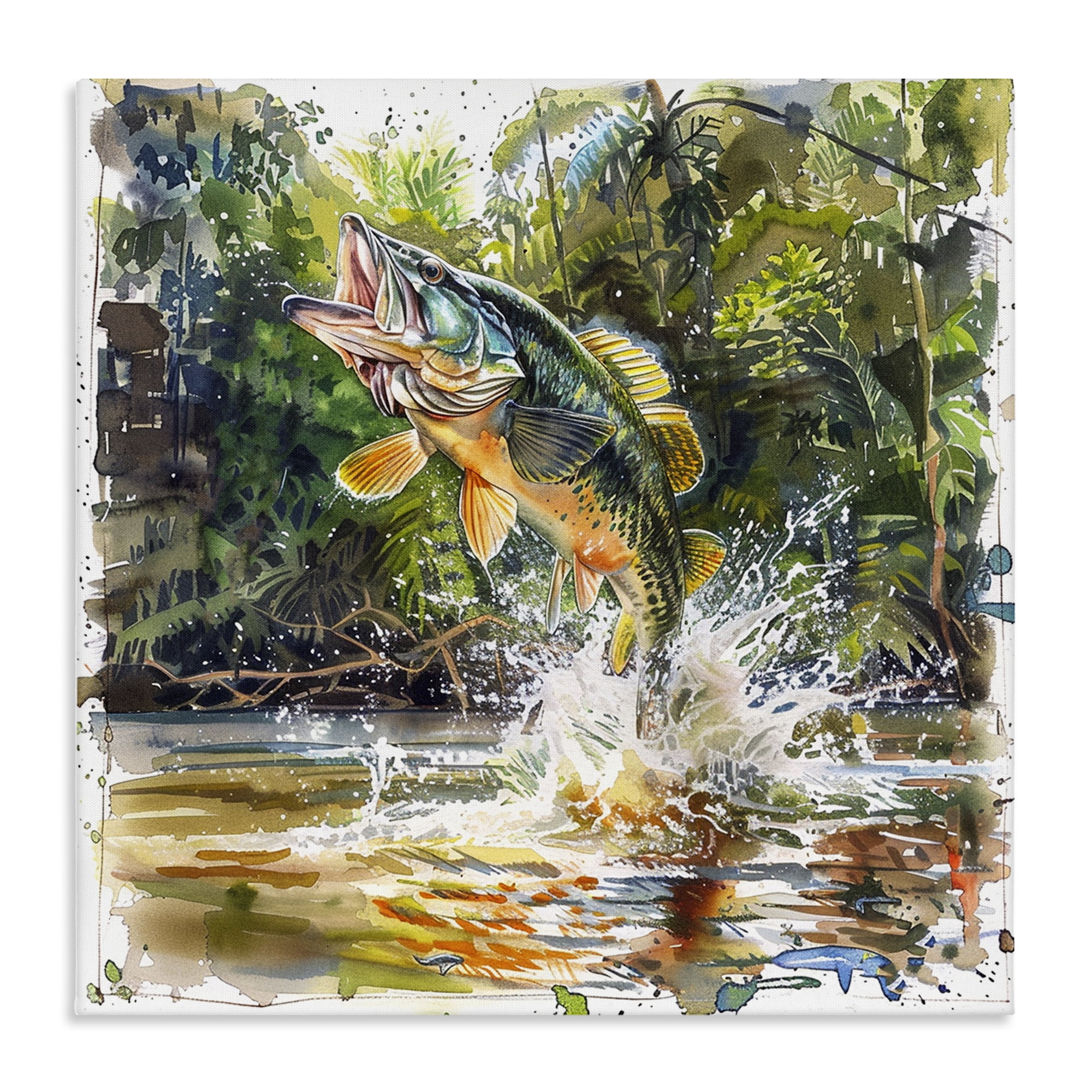 Stupell Industries Jumping Bass Fish Animals Painting Wrapped Canvas Art Print Wall Art, 17 x 17