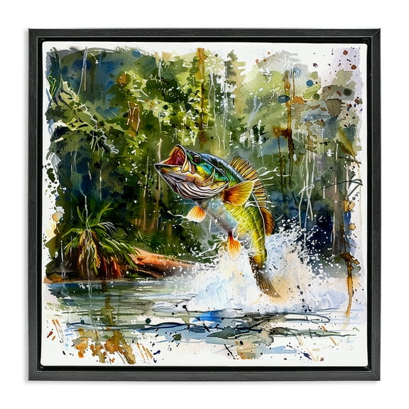 Stupell Industries Jumping Bass Splash Animals Painting Black Floater Framed Canvas Art Print Wall Art, 18 x 18