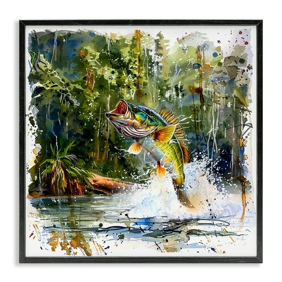 Stupell Industries Jumping Bass Splash Animals Painting Black Framed Art Print Wall Art, 12 x 12