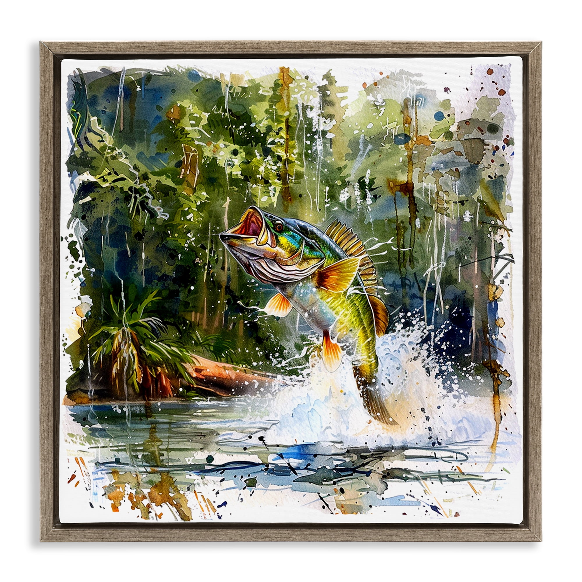 Stupell Industries Jumping Bass Splash Animals Painting Brown Floater Framed Canvas Art Print Wall Art, 18 x 18