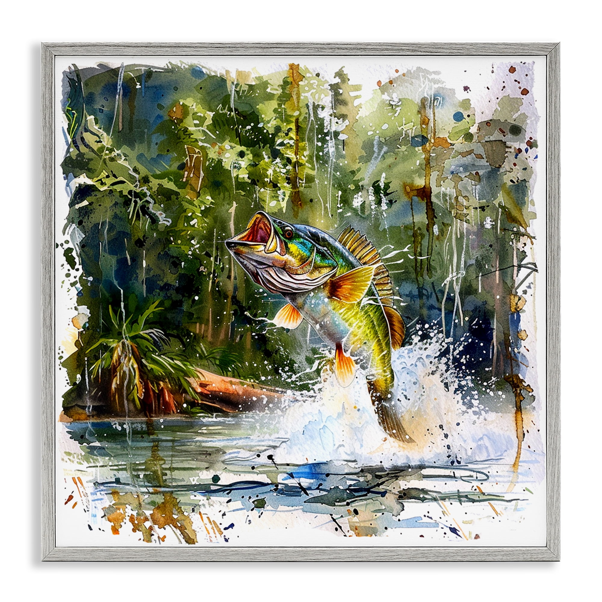 Stupell Industries Jumping Bass Splash Animals Painting Gray Framed Art Print Wall Art, 17 x 17