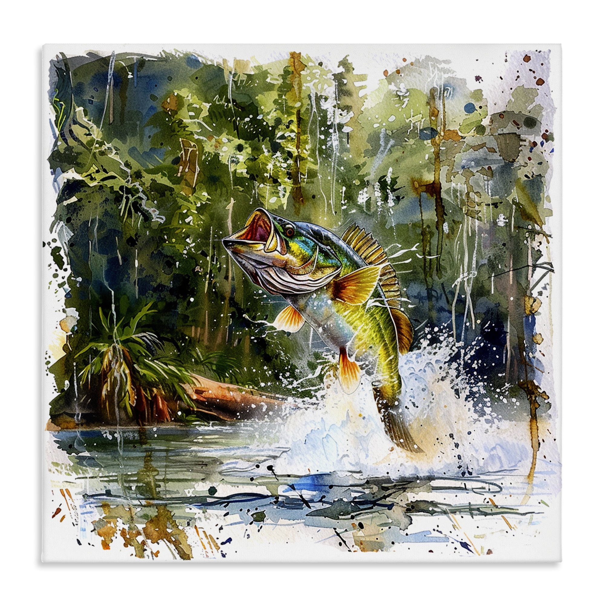 Stupell Industries Jumping Bass Splash Animals Painting Wrapped Canvas Art Print Wall Art, 17 x 17