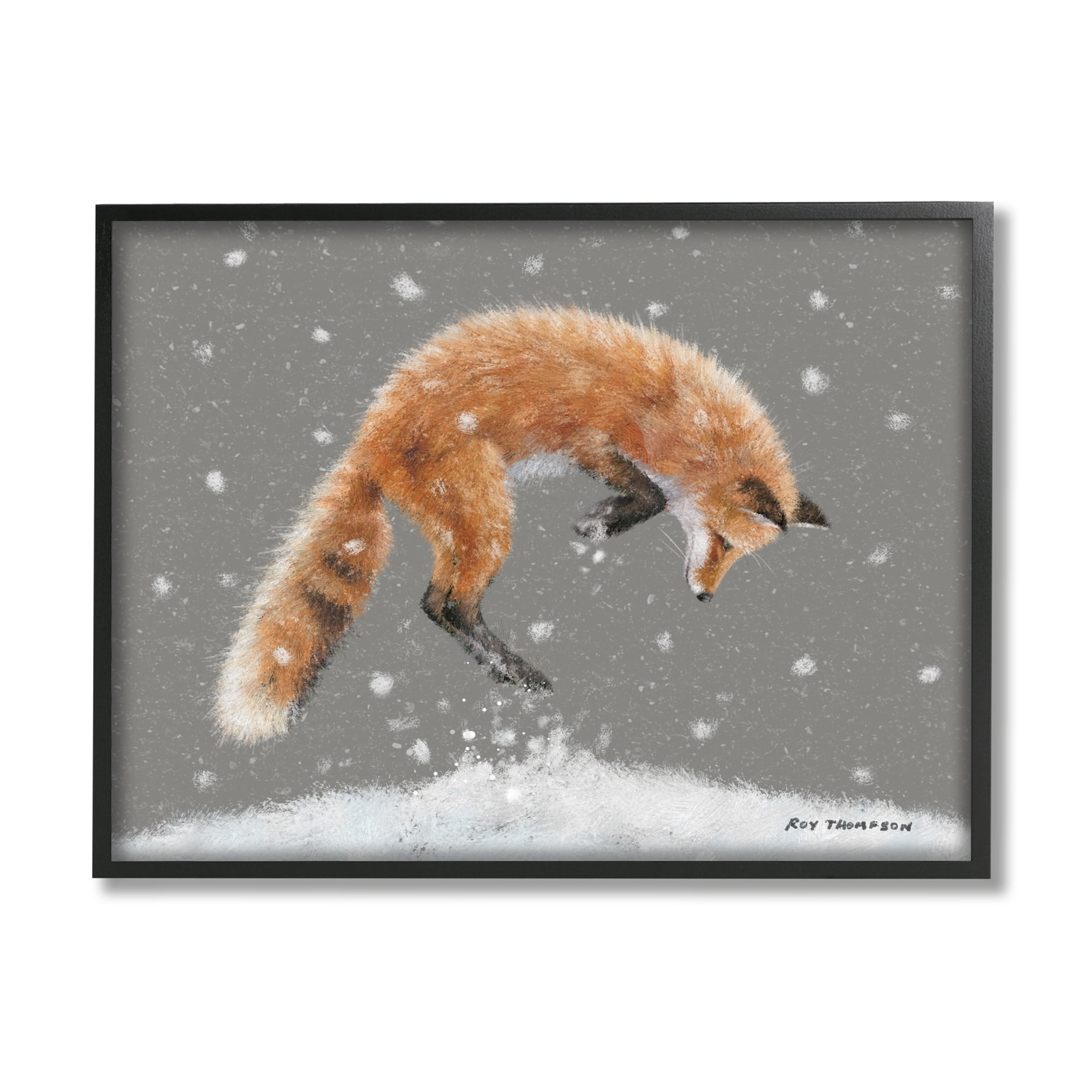 Stupell Industries Jumping Fox Winter Snowfall Holiday Painting Black Framed Art Print Wall Art
