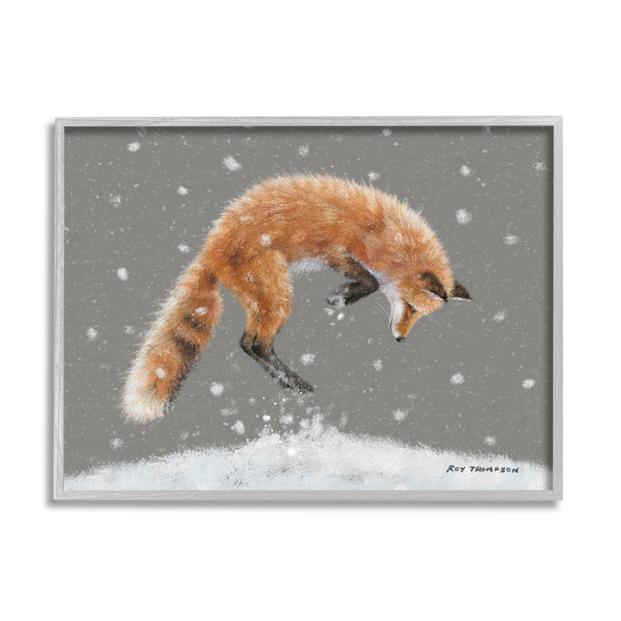 Stupell Industries Jumping Fox Winter Snowfall Holiday Painting Gray Framed Art Print Wall Art