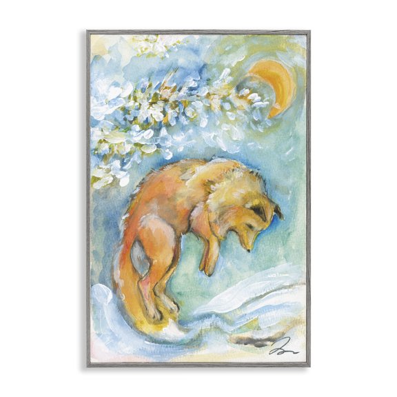 Stupell Industries Jumping Fox with Moon Overhead Animals Painting Gray Framed Art Print Wall Art, 20 x 30
