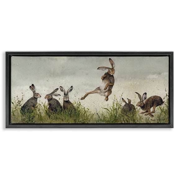 Stupell Industries Jumping Hares in Wild Animals & Insects Painting Black Floater Framed Canvas Art Print Wall Art, 25 x 11
