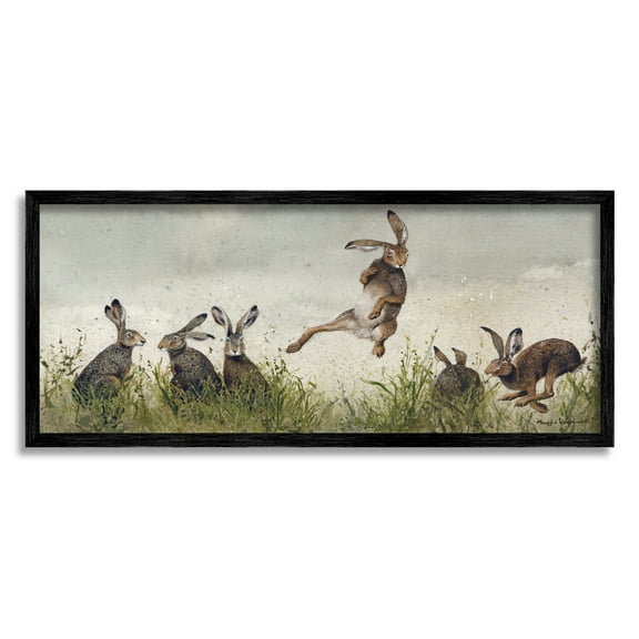 Stupell Industries Jumping Hares in Wild Animals & Insects Painting Black Framed Art Print Wall Art, 24 x 10