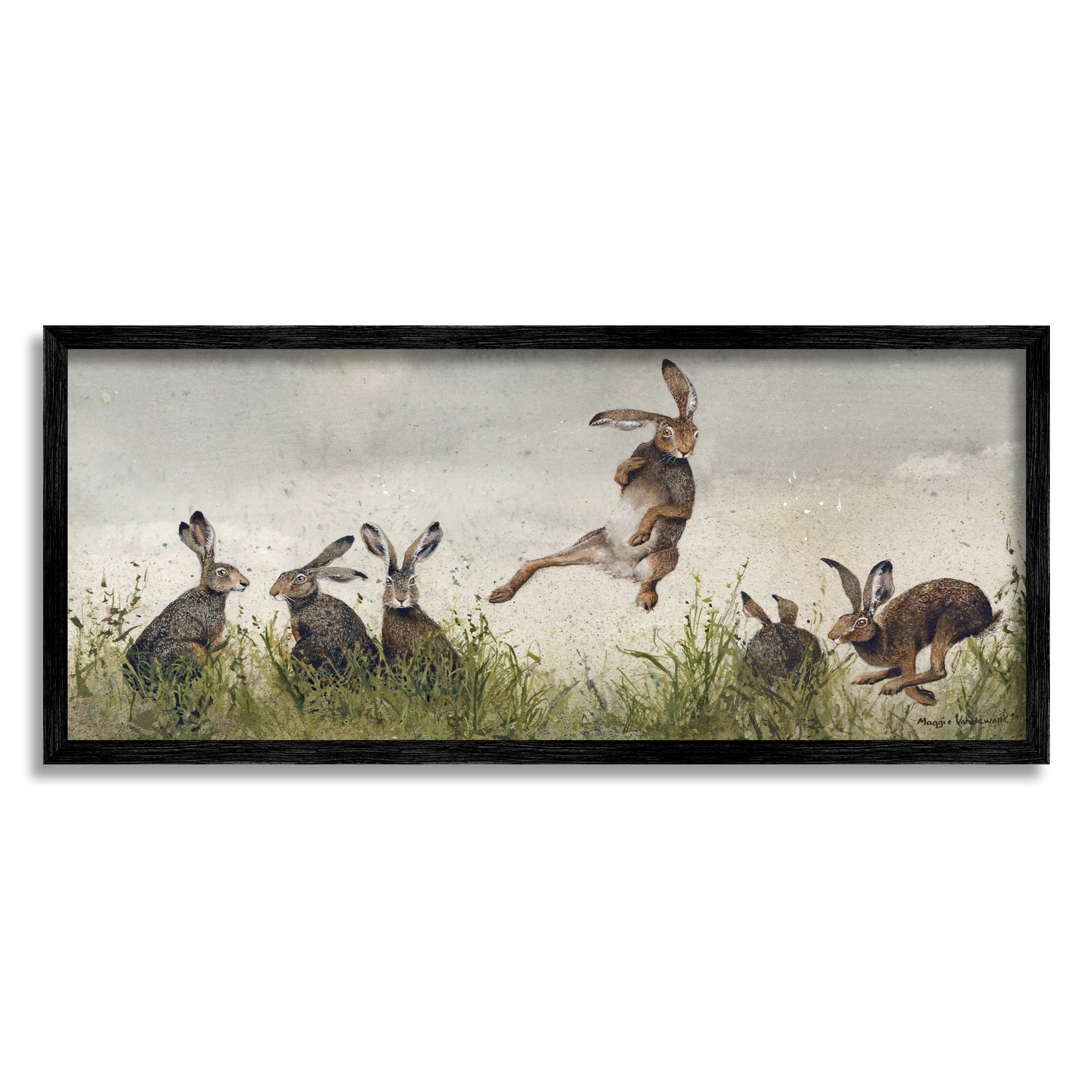 Stupell Industries Jumping Hares in Wild Animals & Insects Painting Black Framed Art Print Wall Art, 30 x 13
