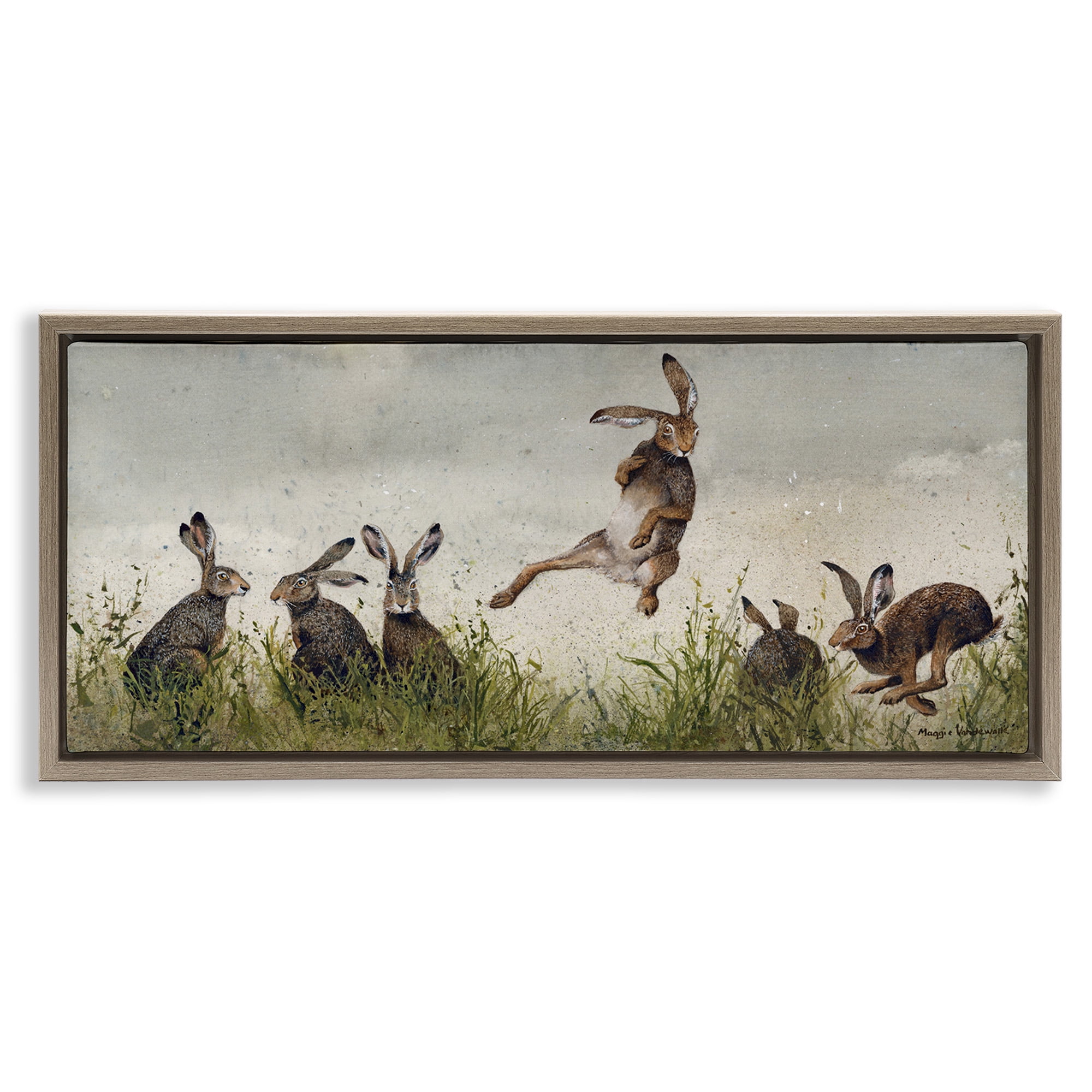Stupell Industries Jumping Hares in Wild Animals & Insects Painting Brown Floater Framed Canvas Art Print Wall Art, 25 x 11
