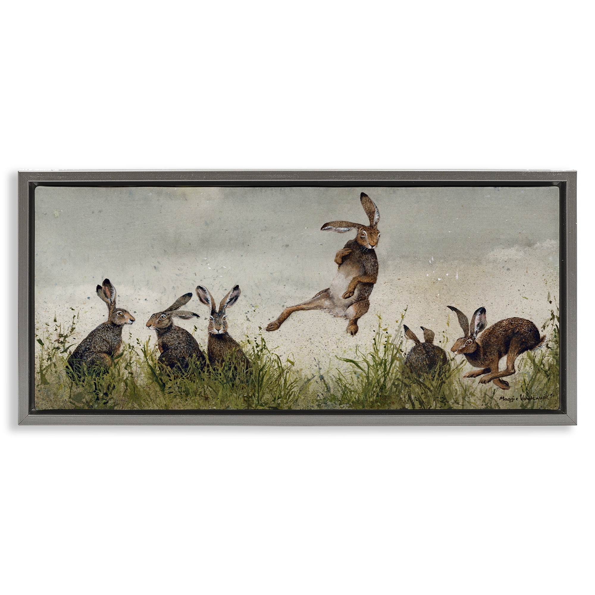 Stupell Industries Jumping Hares in Wild Animals & Insects Painting Gray Floater Framed Canvas Art Print Wall Art, 31 x 14