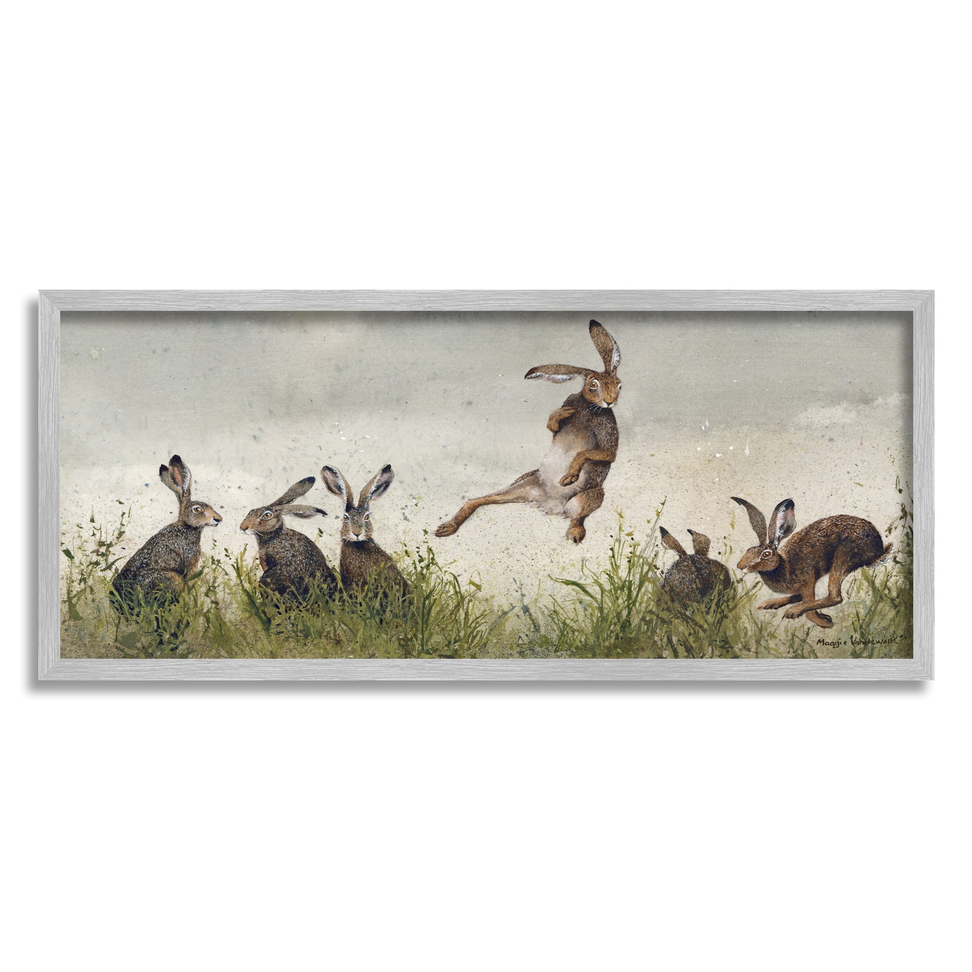 Stupell Industries Jumping Hares in Wild Animals & Insects Painting Gray Framed Art Print Wall Art, 24 x 10