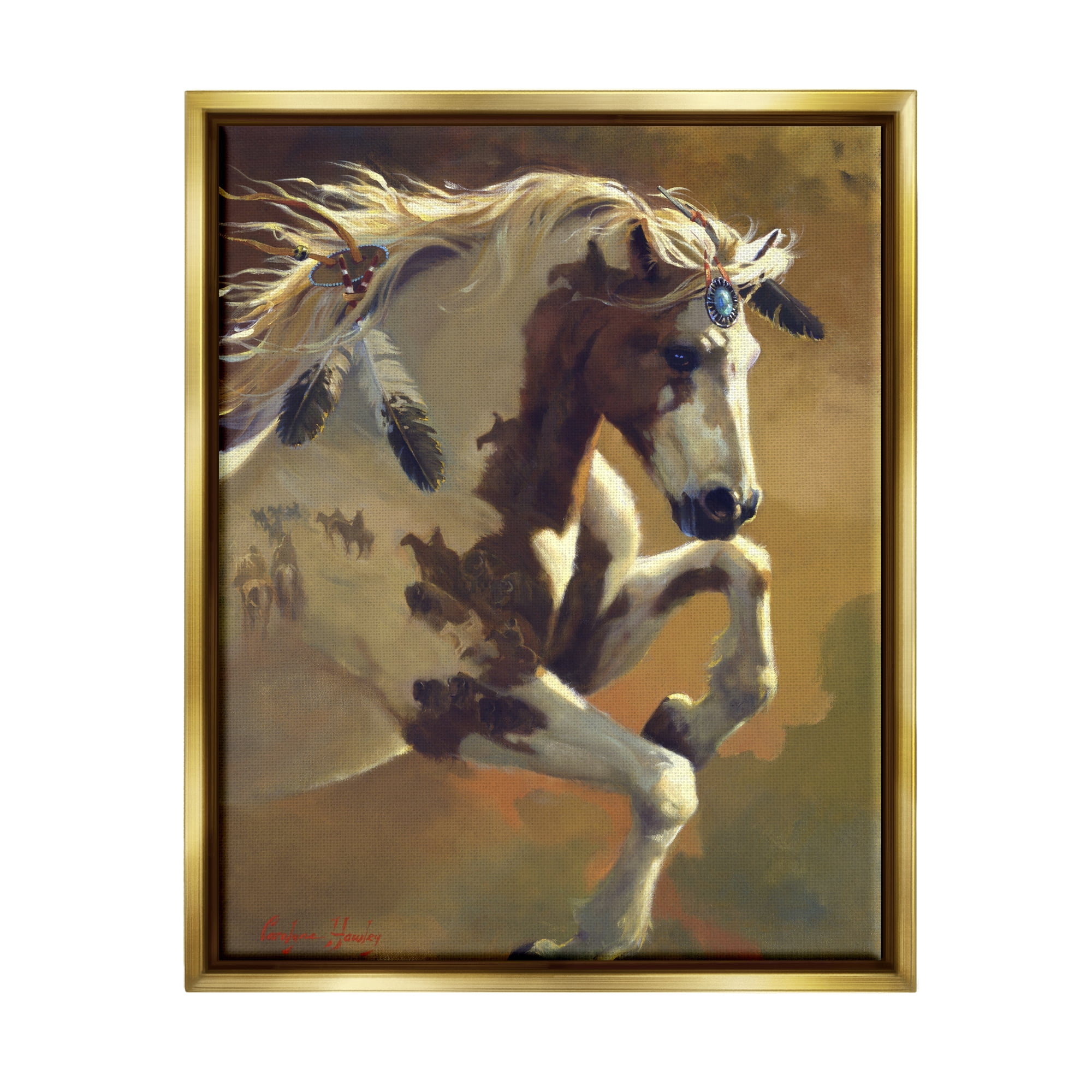 Stupell Industries Jumping Horse Painting Animals & Insects Painting Gold Floater Framed Art Print Wall Art, 25 x 31