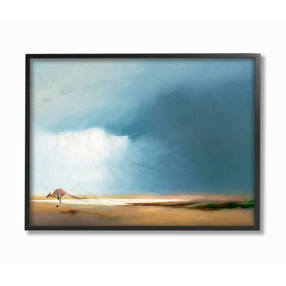 Stupell Industries Jumping Kangaroo Australian Outback Landscape Blue Tan Framed Wall Art Design by Urban Road, 16" x 20", Black Framed