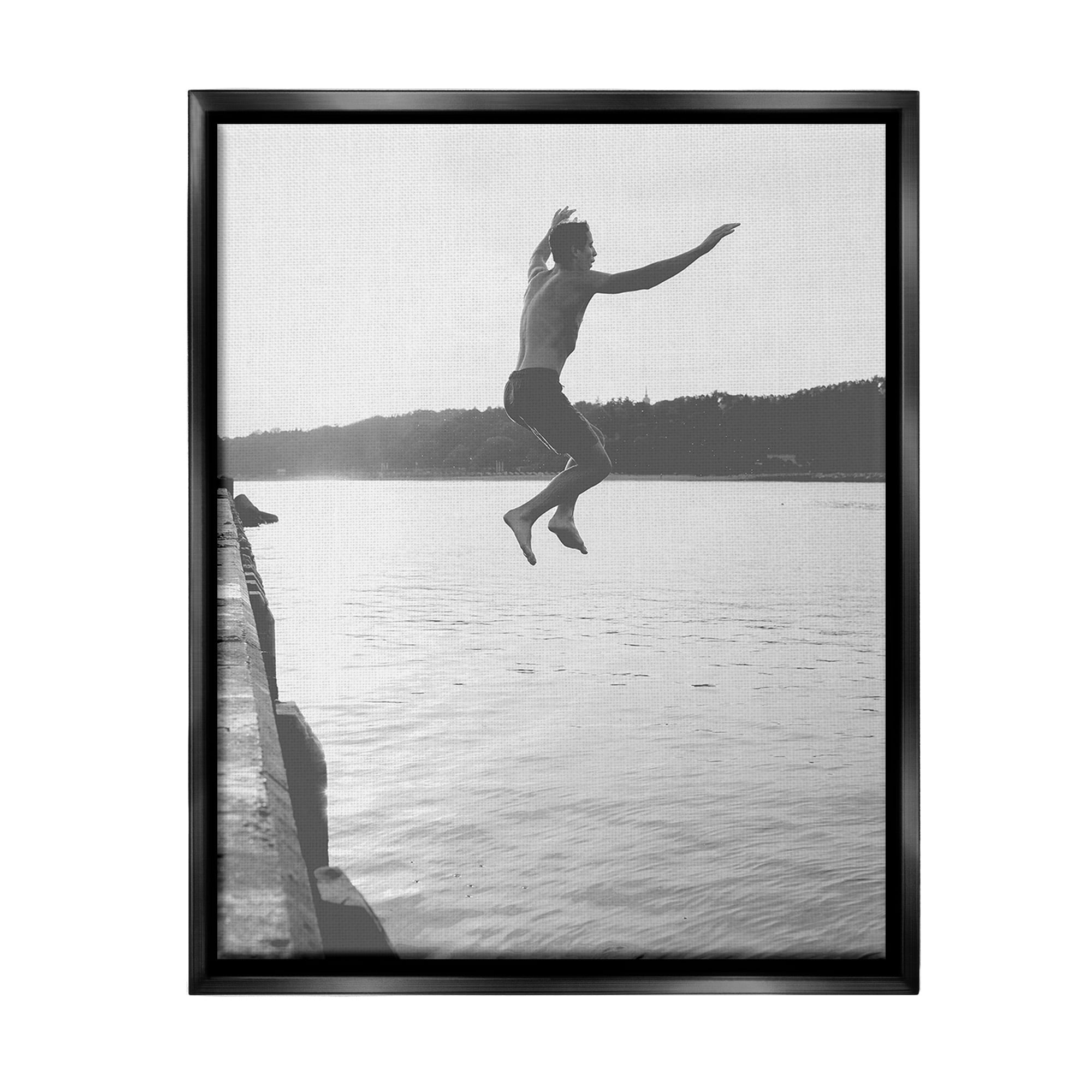 Stupell Industries Jumping in Lake Photography Landscape Photography Black Floater Framed Canvas Art Print Wall Art, 17 x 21
