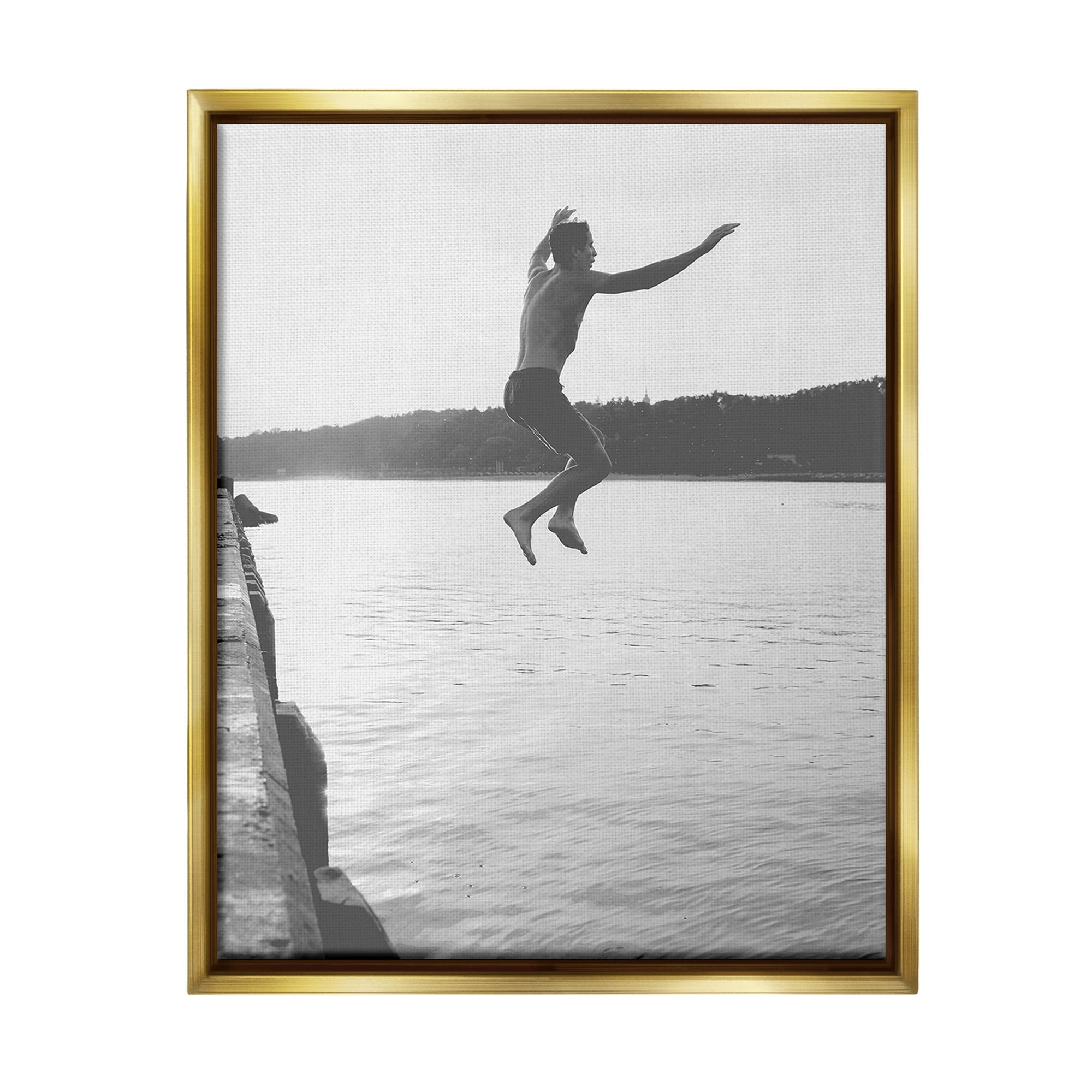 Stupell Industries Jumping in Lake Photography Landscape Photography Gold Floater Framed Canvas Art Print Wall Art, 17 x 21