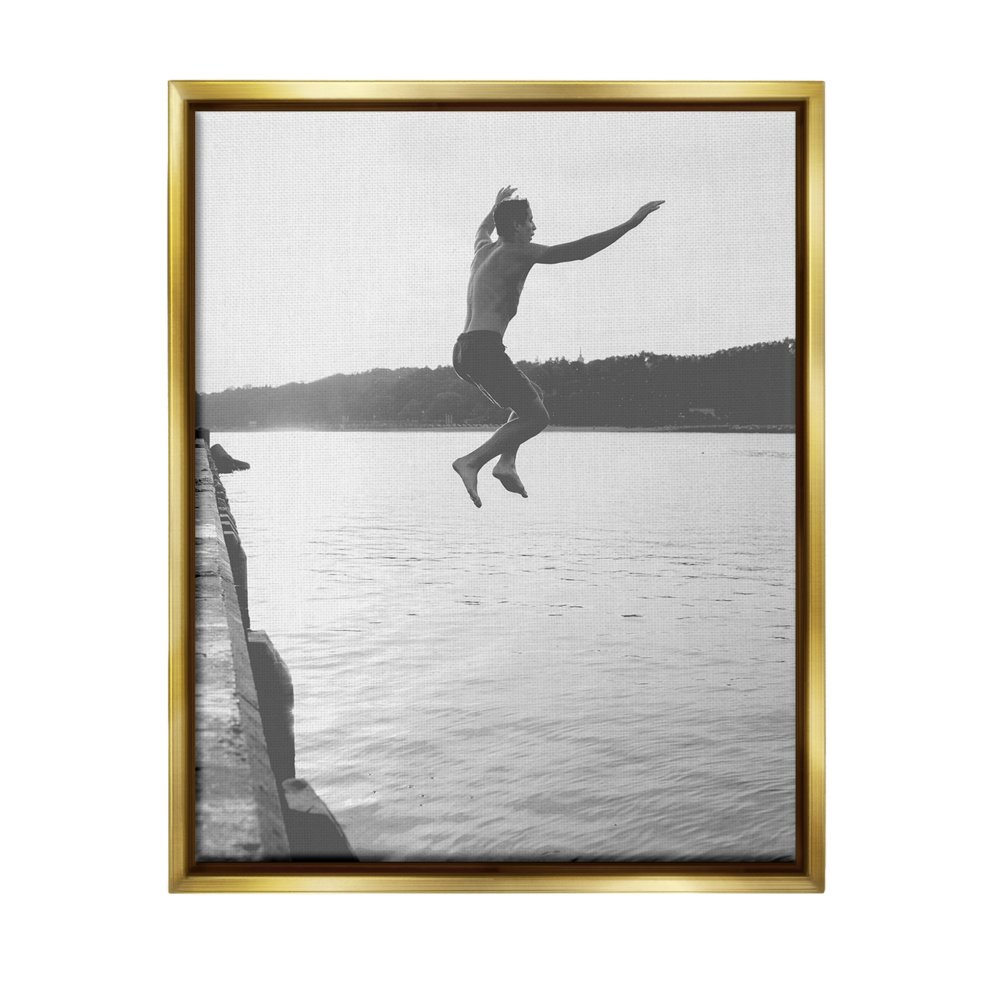 Stupell Industries Jumping in Lake Photography Landscape Photography Gold Floater Framed Canvas Art Print Wall Art, 25 x 31