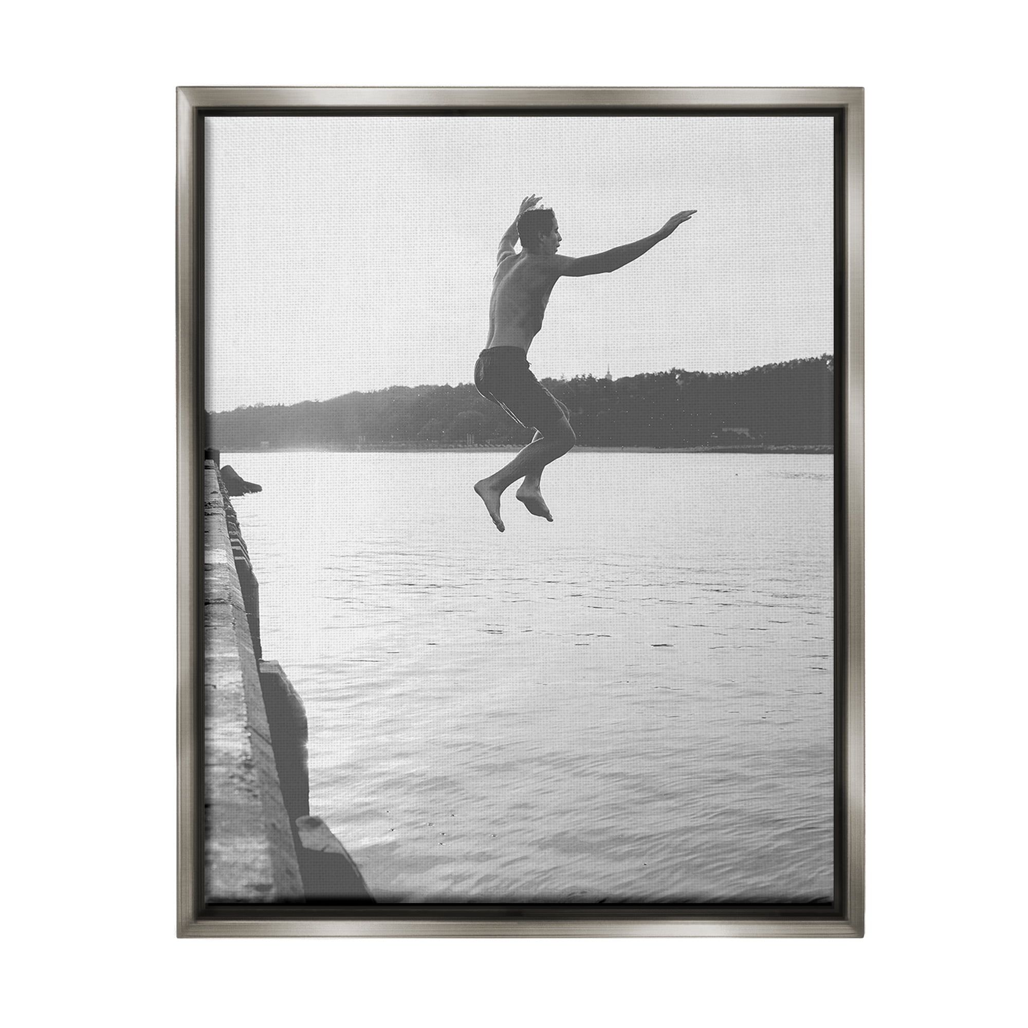 Stupell Industries Jumping in Lake Photography Landscape Photography Gray Floater Framed Canvas Art Print Wall Art, 17 x 21