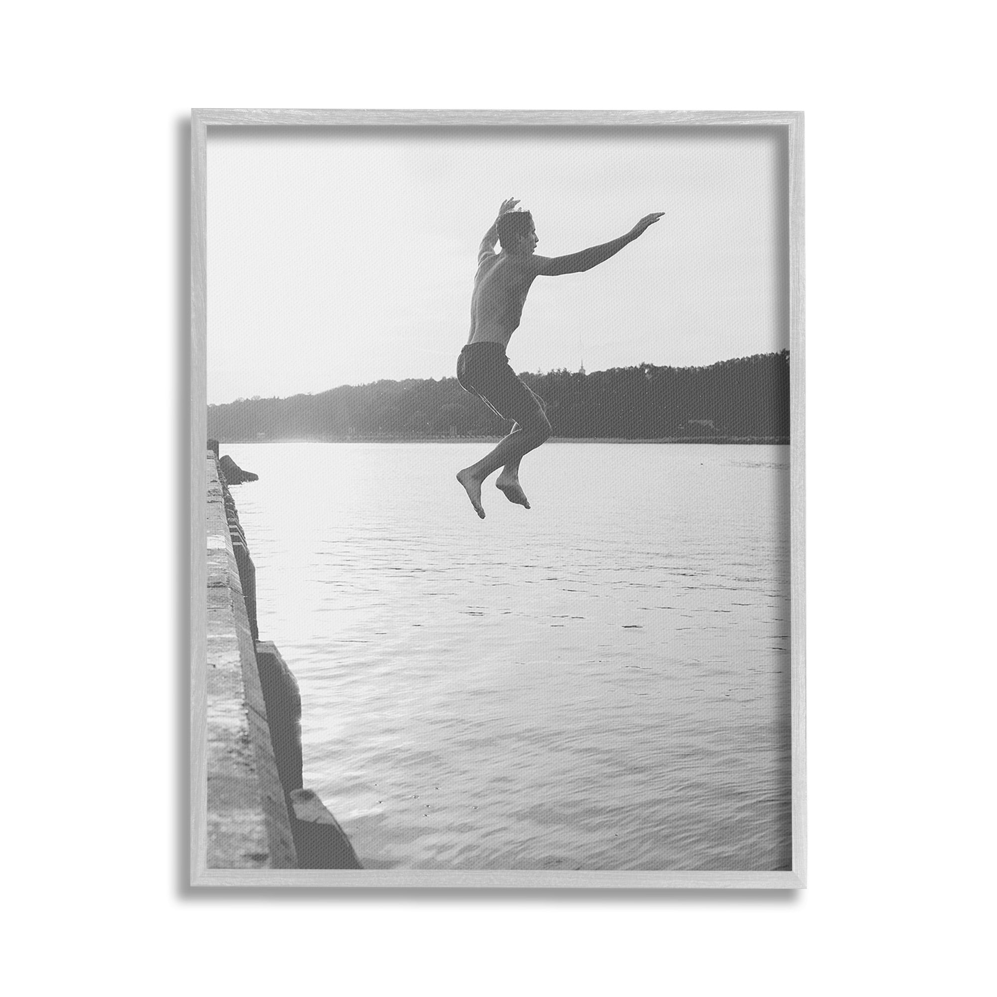 Stupell Industries Jumping in Lake Photography Landscape Photography Gray Framed Art Print Wall Art, 16 x 20
