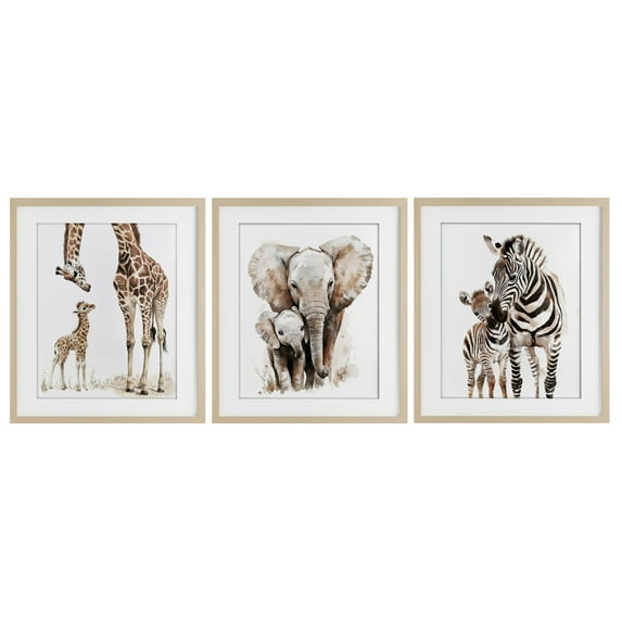 Stupell Industries Jungle Animal Babies with Mothers 3 Piece Birch Framed Print Under Glass Set design by Ramona Murdock, 21 x 17