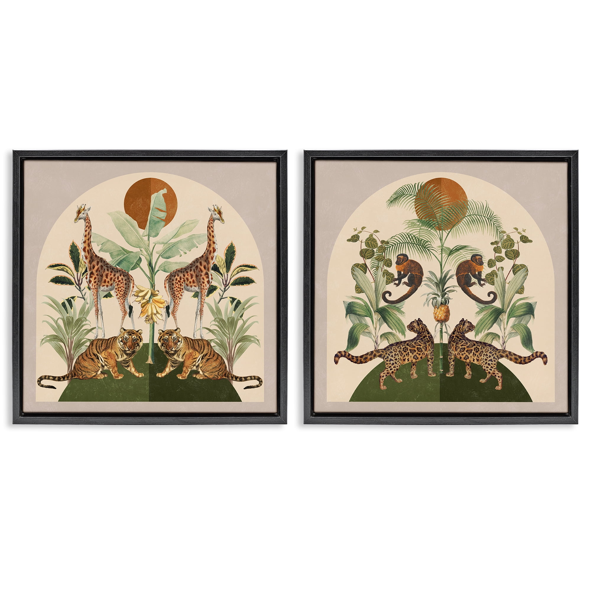 Stupell Industries Jungle Animals Foliage Illustration Animals Painting Black Floater Framed Canvas Art Print Wall Art, 18 x 18, Set of 2
