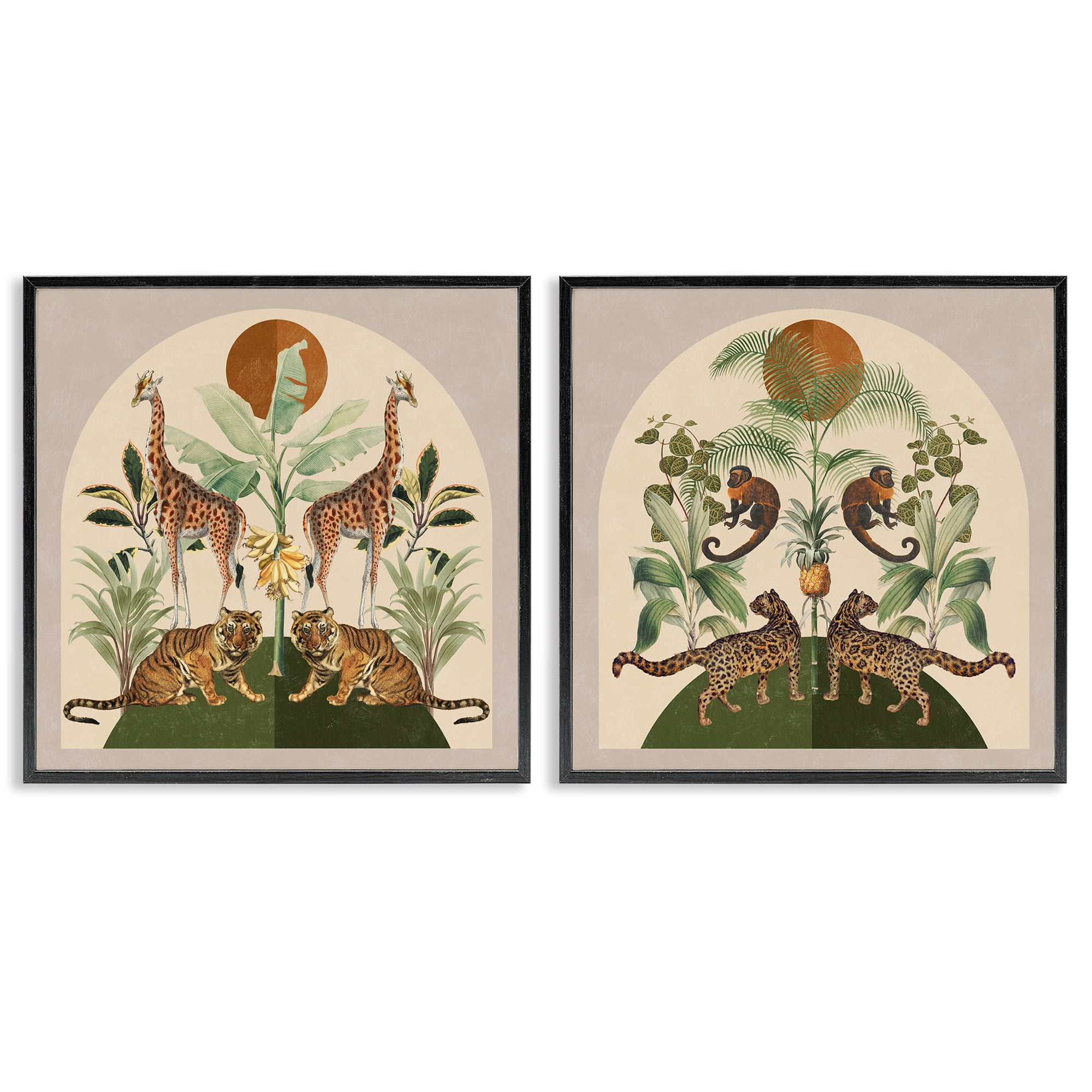 Stupell Industries Jungle Animals Foliage Illustration Animals Painting Black Framed Art Print Wall Art, 12 x 12, Set of 2