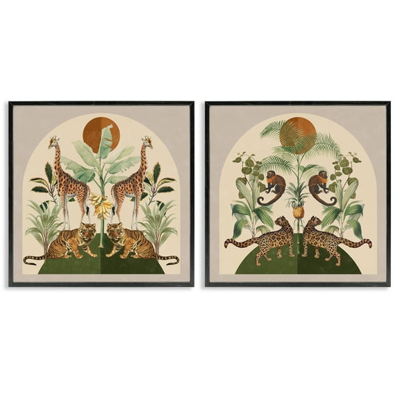 Stupell Industries Jungle Animals Foliage Illustration Animals Painting Black Framed Art Print Wall Art, 12 x 12, Set of 2