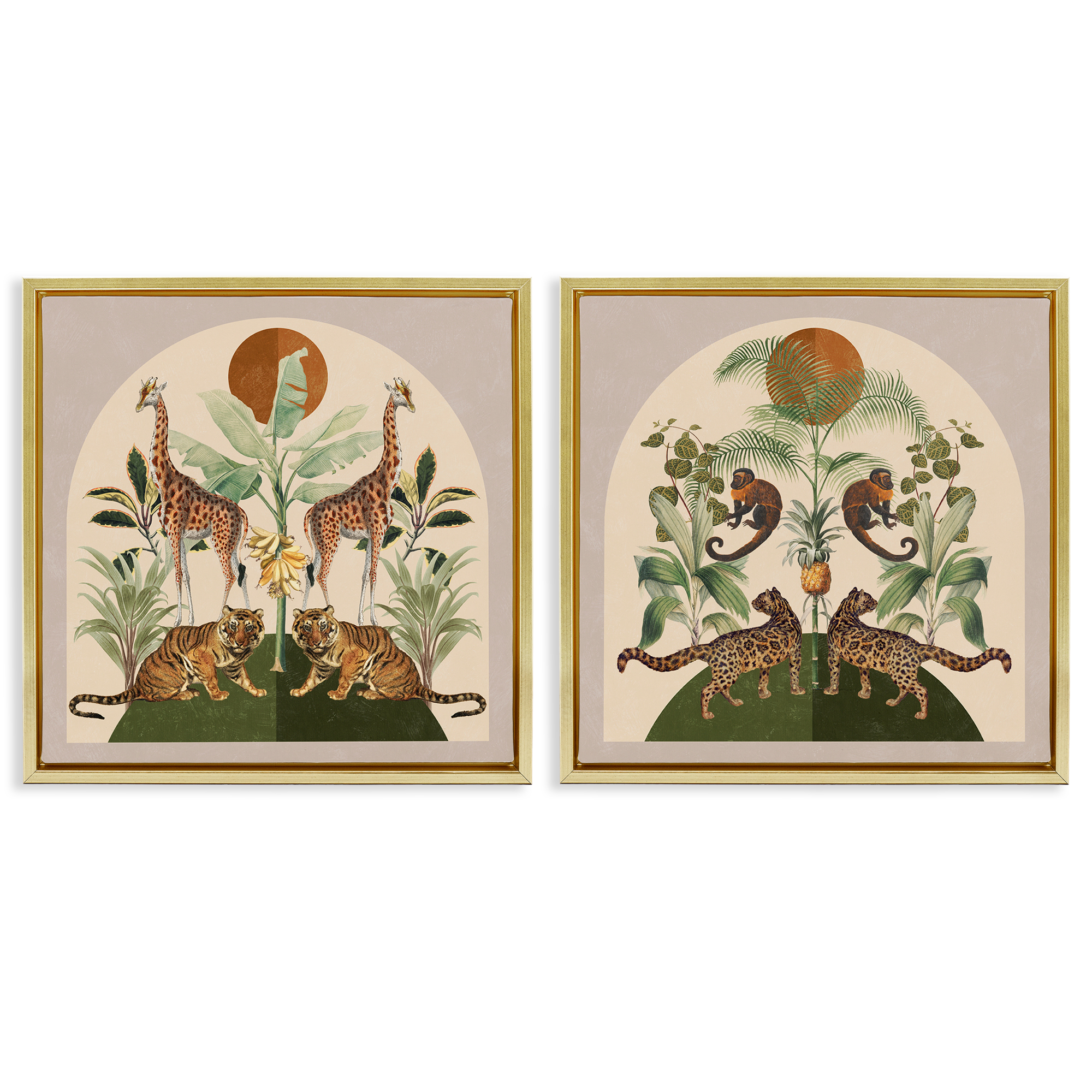 Stupell Industries Jungle Animals Foliage Illustration Animals Painting Gold Floater Framed Canvas Art Print Wall Art, 18 x 18, Set of 2