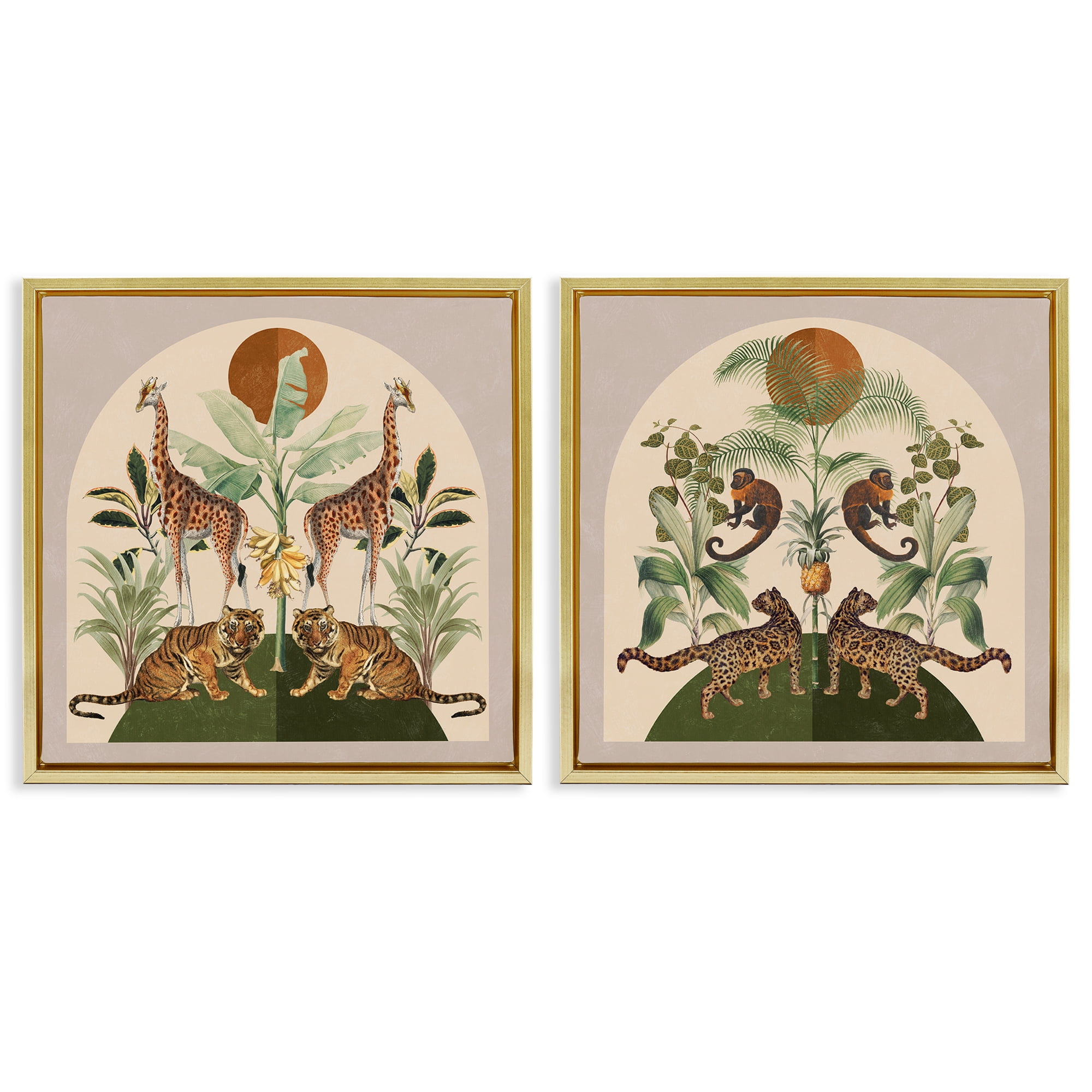 Stupell Industries Jungle Animals Foliage Illustration Animals Painting Gold Floater Framed Canvas Art Print Wall Art, 25 x 25, Set of 2