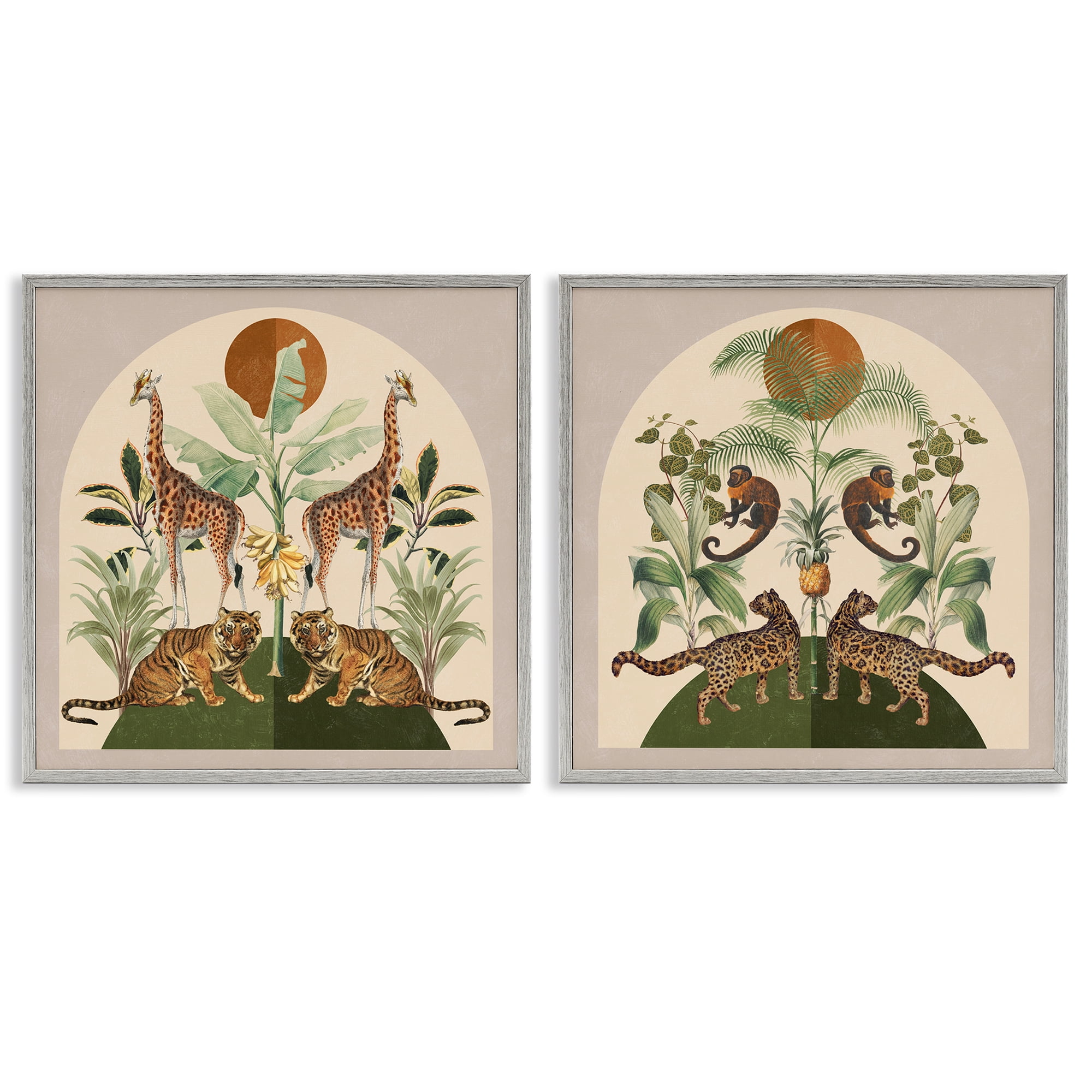 Stupell Industries Jungle Animals Foliage Illustration Animals Painting Gray Framed Art Print Wall Art, 12 x 12, Set of 2