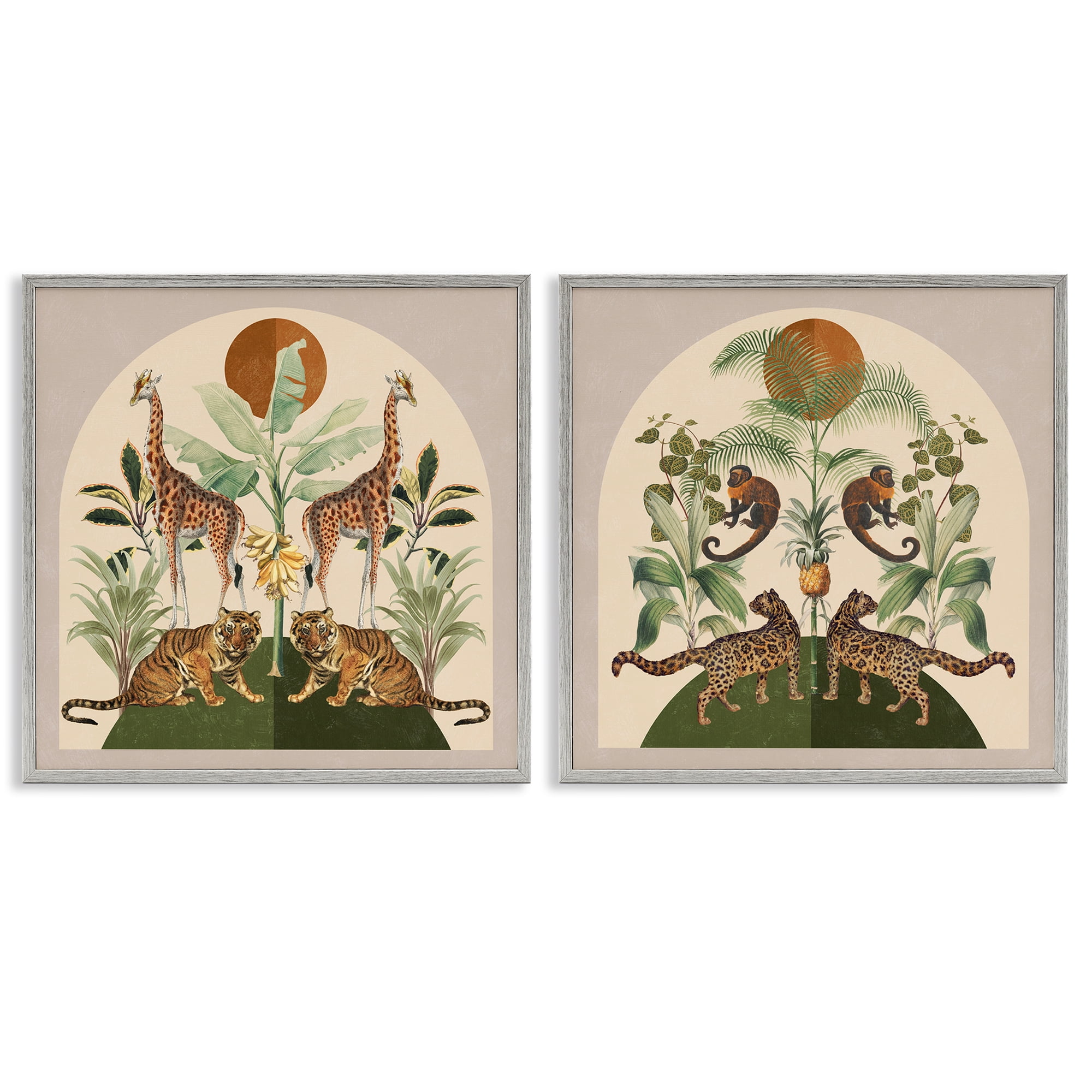 Stupell Industries Jungle Animals Foliage Illustration Animals Painting Gray Framed Art Print Wall Art, 17 x 17, Set of 2