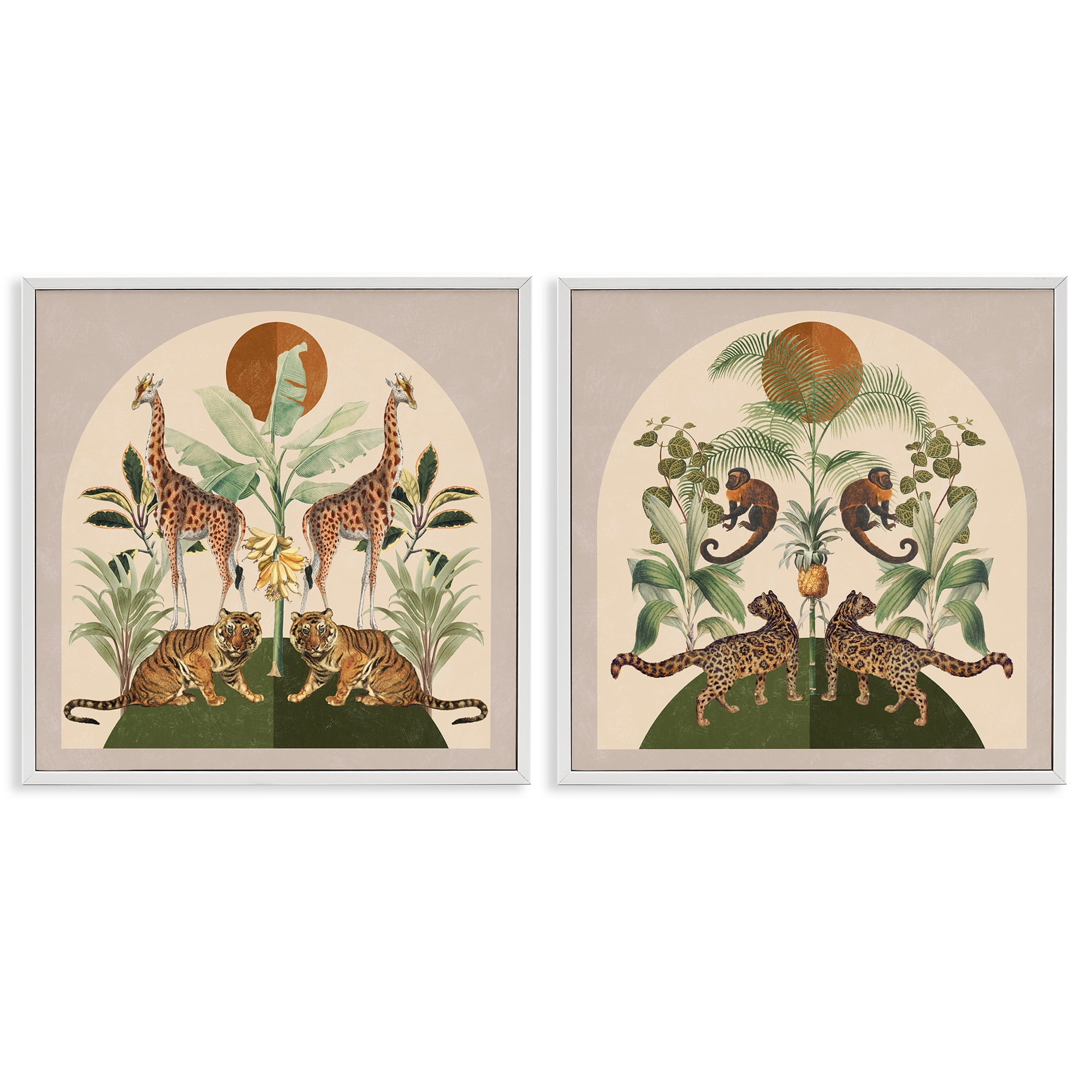 Stupell Industries Jungle Animals Foliage Illustration Animals Painting White Framed Art Print Wall Art, 17 x 17, Set of 2