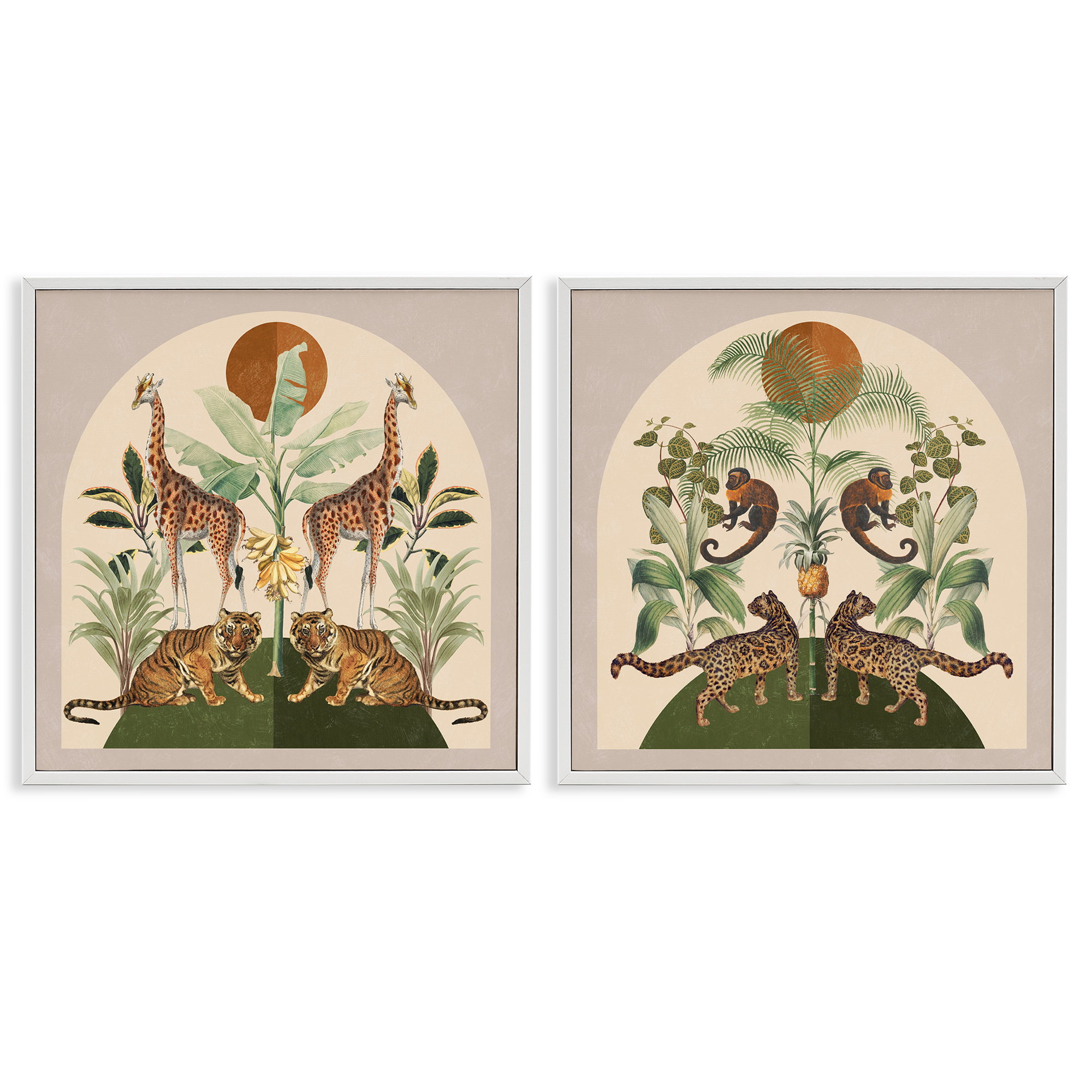 Stupell Industries Jungle Animals Foliage Illustration Animals Painting White Framed Art Print Wall Art, 24 x 24, Set of 2