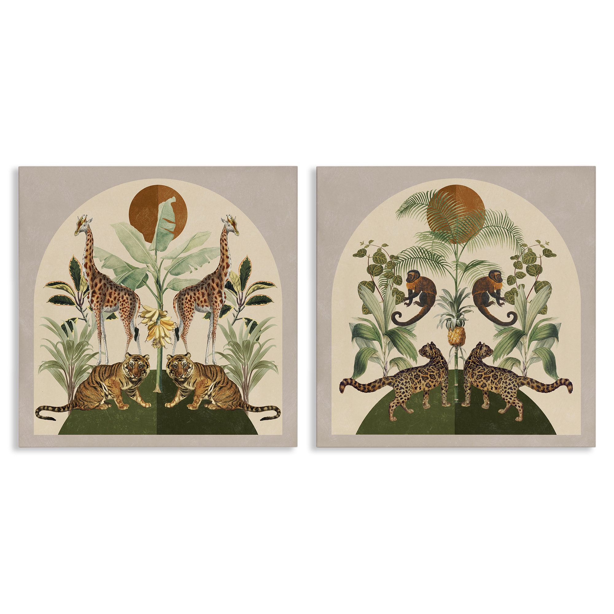Stupell Industries Jungle Animals Foliage Illustration Animals Painting Wrapped Canvas Art Print Wall Art, 17 x 17, Set of 2