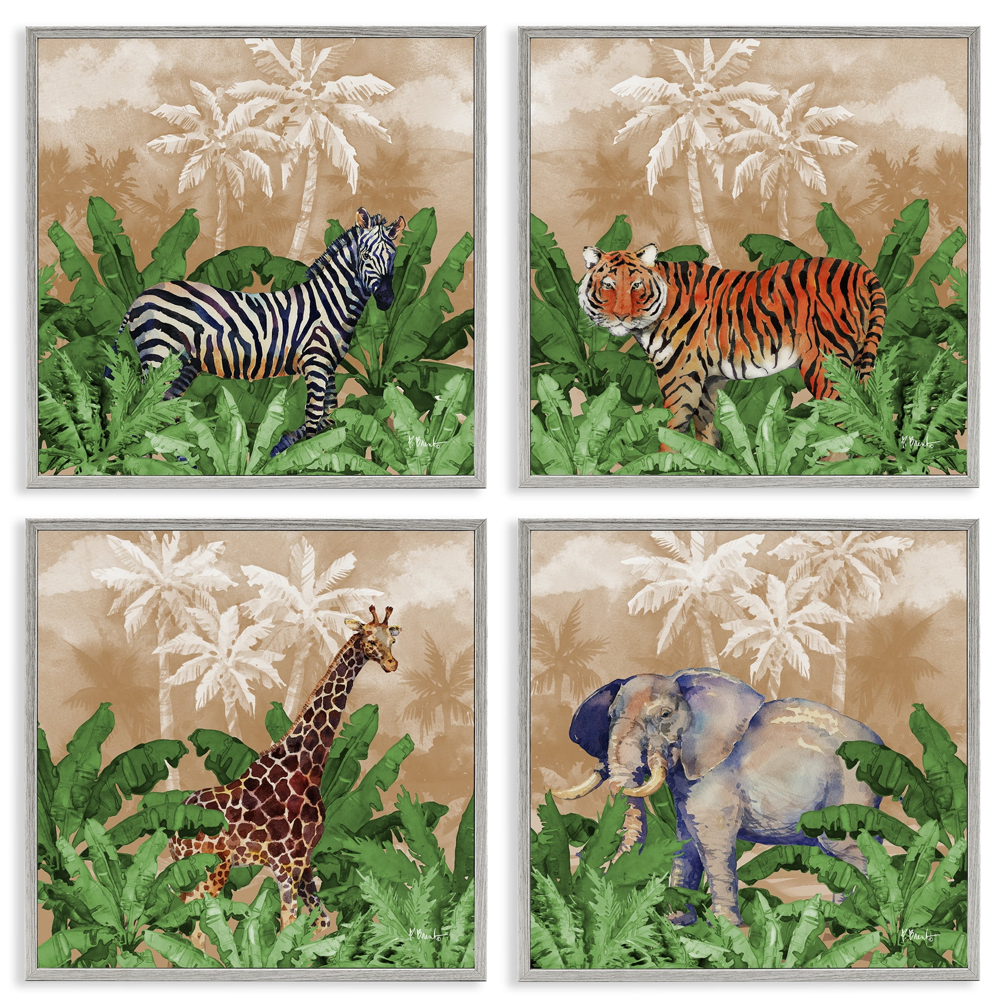 Stupell Industries Jungle Animals & Palms Animals Painting Gray Framed Art Print Wall Art, 17 x 17, Set of 4