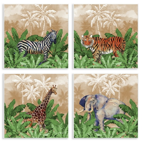 Stupell Industries Jungle Animals & Palms Animals Painting Unframed Art Print Wall Art, 12 x 12, Set of 4