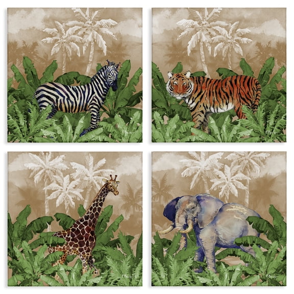 Stupell Industries Jungle Animals & Palms Animals Painting Wrapped Canvas Art Print Wall Art, 17 x 17, Set of 4