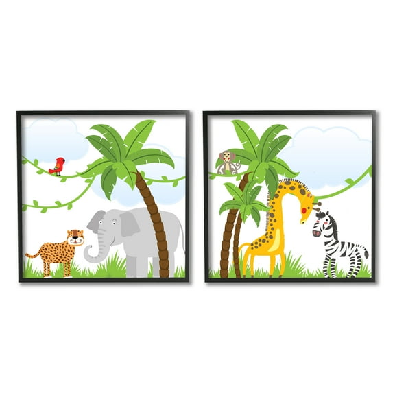 Stupell Industries Jungle Animals Scene Animals & Insects Painting Black Framed Art Print Wall Art, 12 x 12, Set of 2