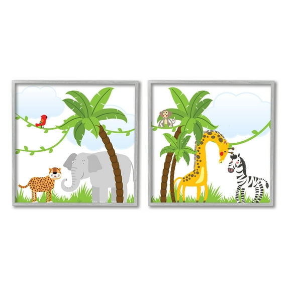 Stupell Industries Jungle Animals Scene Animals & Insects Painting Gray Framed Art Print Wall Art, 24 x 24, Set of 2