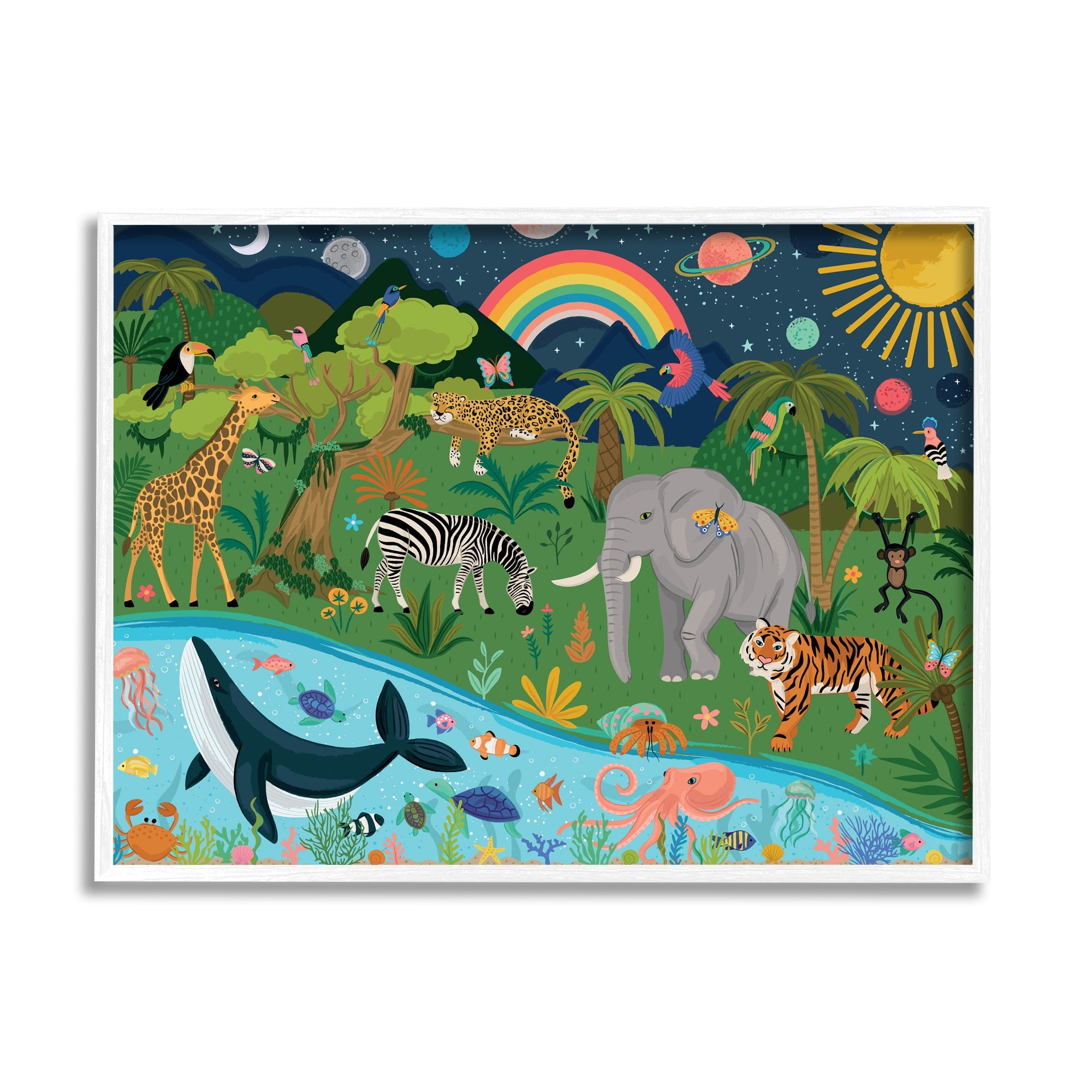Stupell Industries Jungle Animals Sea Creatures Under Night Sky Planets Framed Wall Art, 14 x 11, Design by Lisa Perry Whitebutton