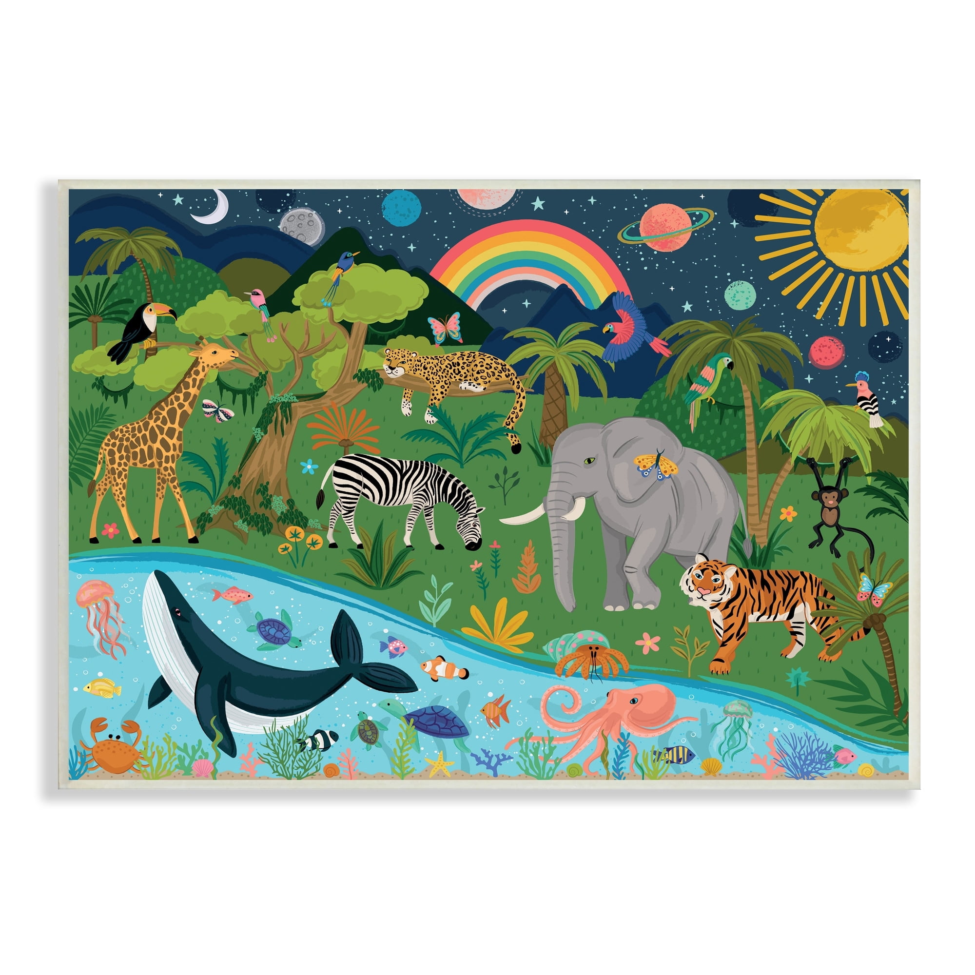 Stupell Industries Jungle Animals Sea Creatures Under Night Sky Planets Wood Wall Art, 19 x 13, Design by Lisa Perry Whitebutton