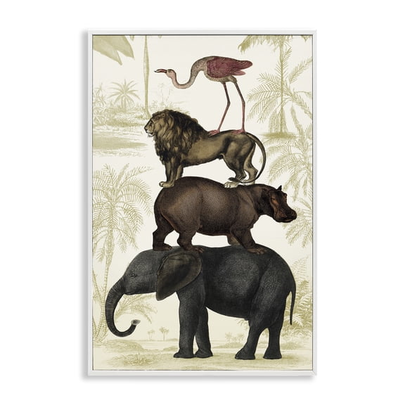 Stupell Industries Jungle Animals Tower Animals Painting White Framed Art Print Wall Art, 12 x 18
