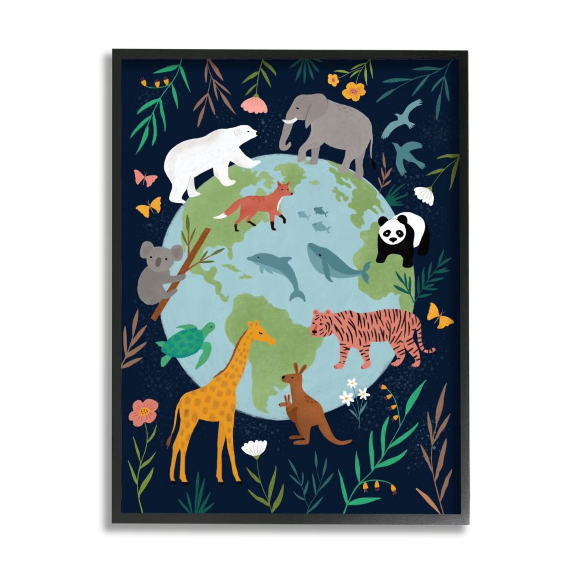 Stupell Industries Jungle Animals and Earth Nature Floral Border Design by Nina Seven, 16" x 20", Black Framed