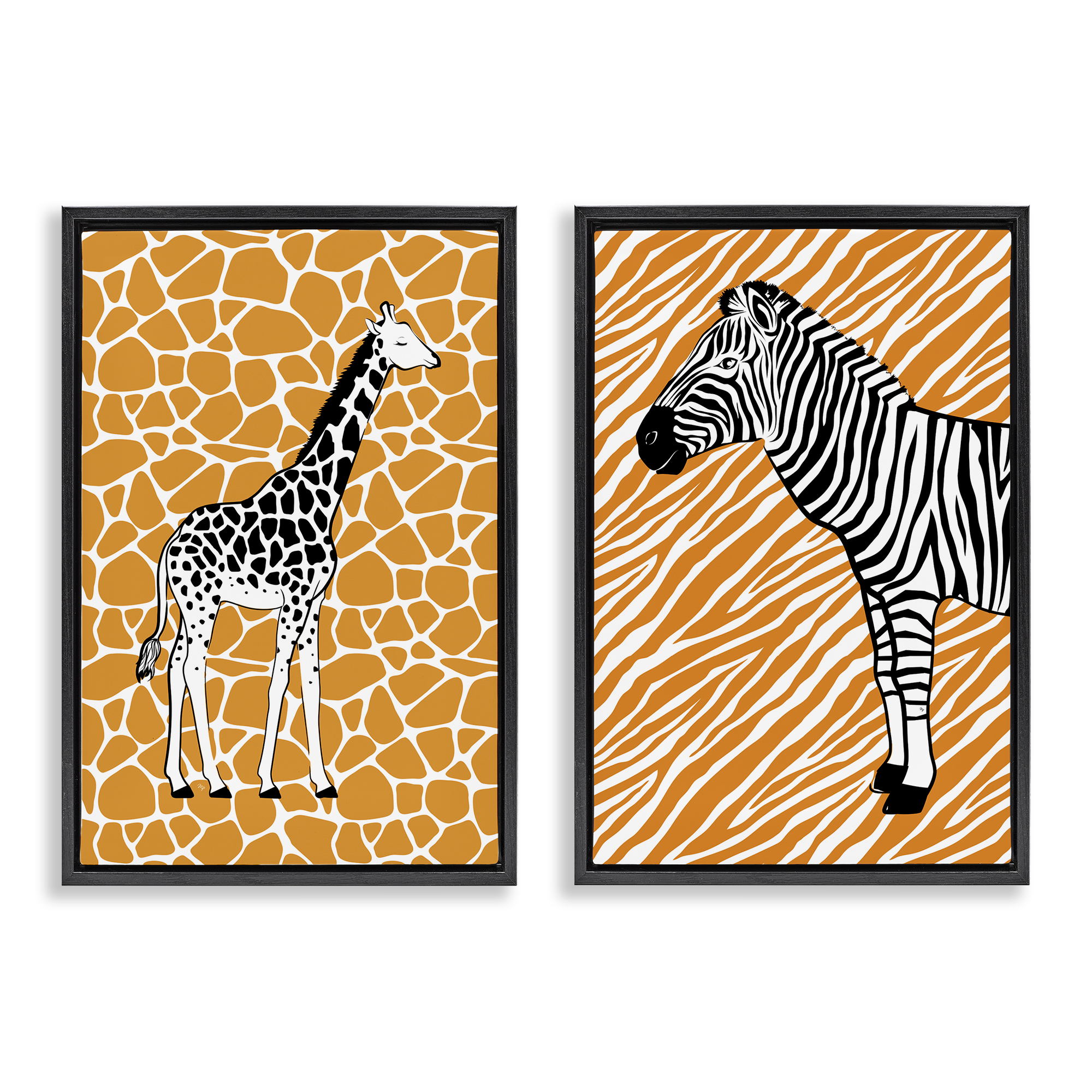 Stupell Industries Jungle Animals on Orange Animals Painting Black Floater Framed Canvas Art Print Wall Art, 21 x 31, Set of 2