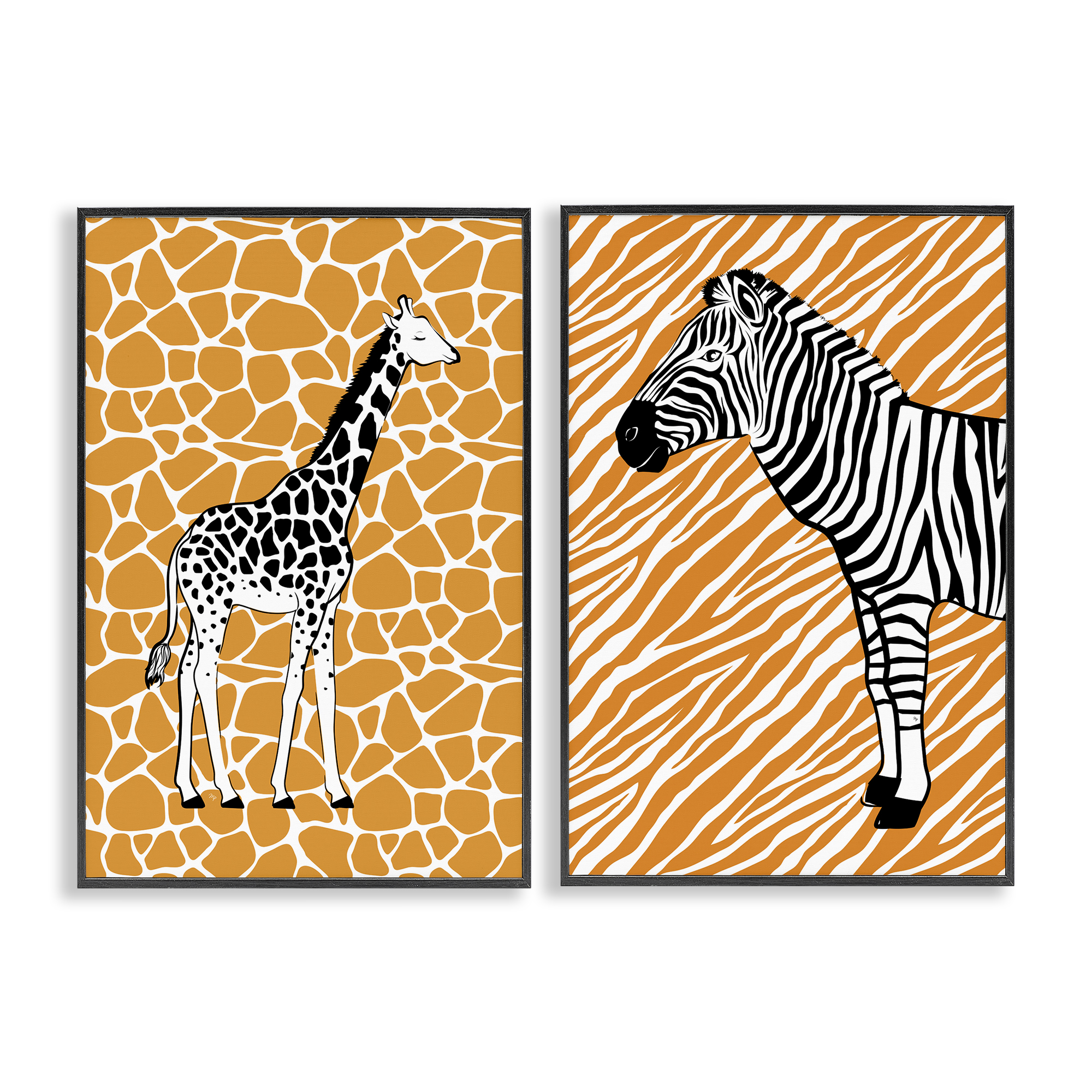 Stupell Industries Jungle Animals on Orange Animals Painting Black Framed Art Print Wall Art, 16 x 24, Set of 2