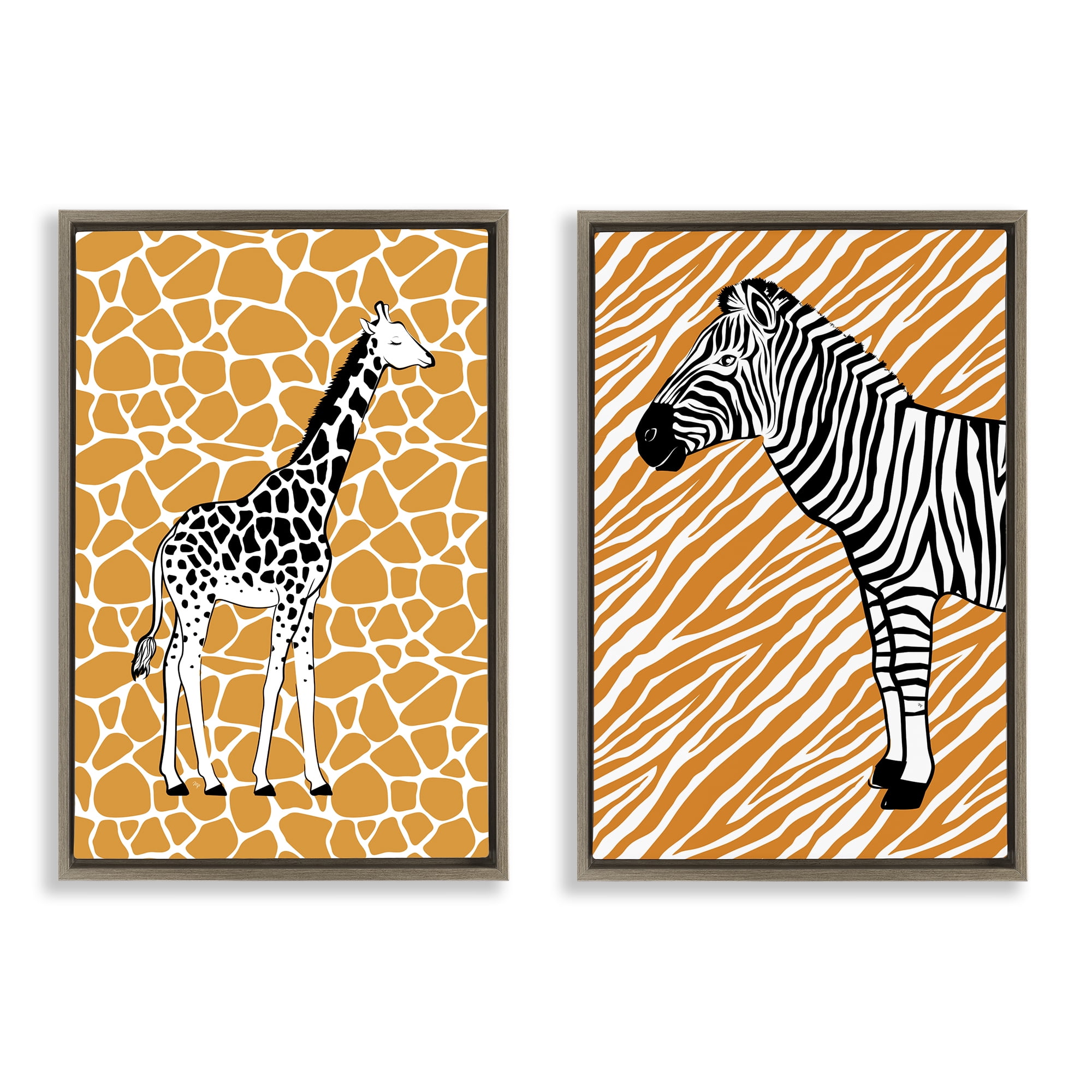 Stupell Industries Jungle Animals on Orange Animals Painting Brown Floater Framed Canvas Art Print Wall Art, 17 x 25, Set of 2
